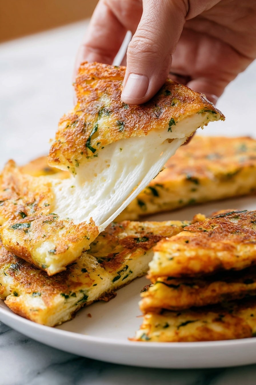 A close-up of a woman's hand pulling apart a crispy, golden-brown pancake with green herbs baked into the surface, revealing a thick, stretchy white cheese layer inside. The pancake has a rough textured outer layer with visible flecks of green herbs. In the background, several similar pancakes are stacked on a white plate, all showing a mixture of golden and green colors with a slightly uneven surface. The scene is set on a white marbled texture. photo taken with an iphone --ar 2:3 --v 7 - Mozzarella en Carrozza, Italian grilled cheese, crispy mozzarella sandwich, fried mozzarella toast, cheesy Italian snack