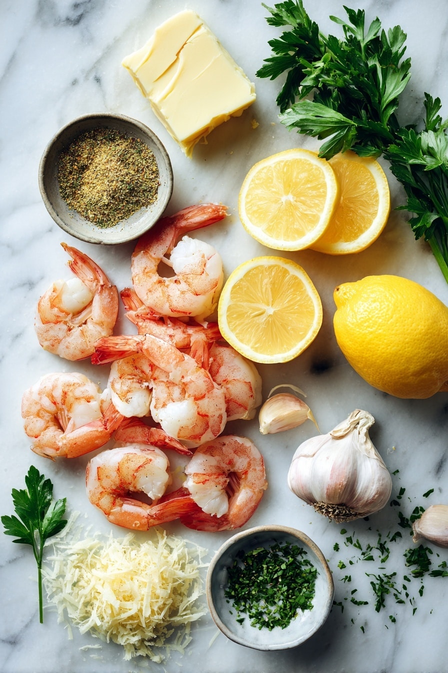 Flat lay of raw peeled shrimp, fresh lemon halves and lemon zest, whole garlic cloves and minced garlic, a small mound of grated parmesan cheese, a pat of butter, sprigs of fresh parsley, and a small bowl of Italian seasoning, all beautifully arranged with vibrant colors and natural lighting, placed on a white marble surface, photo taken with an iphone --ar 2:3 --v 7 - Creamy Lemon Garlic Parmesan Shrimp, Lemon Garlic Shrimp, Parmesan Shrimp Recipe, Easy Shrimp Dinner, Quick Seafood Recipes