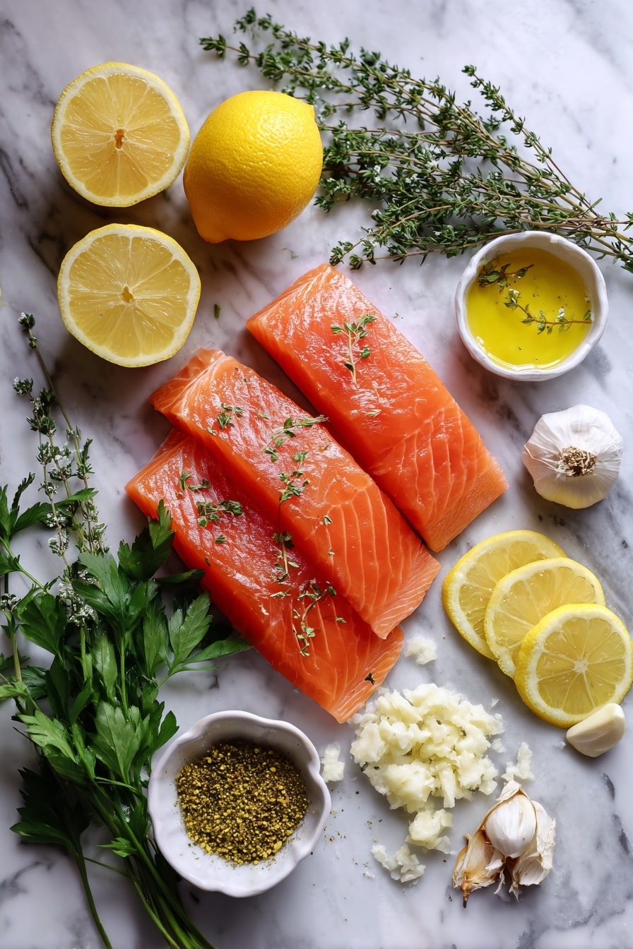 Flat lay of fresh pink salmon fillets, bright yellow lemon halves and thin lemon slices, vibrant green sprigs of parsley and thyme, small piles of minced garlic, and a scattering of dried Italian herb seasoning, all beautifully arranged with a drizzle of golden olive oil glistening on top, placed on a white marble surface, photo taken with an iphone --ar 2:3 --v 7 - Best Easy Healthy Baked Salmon, healthy baked salmon, quick salmon dinner, lemon garlic salmon, simple salmon recipes