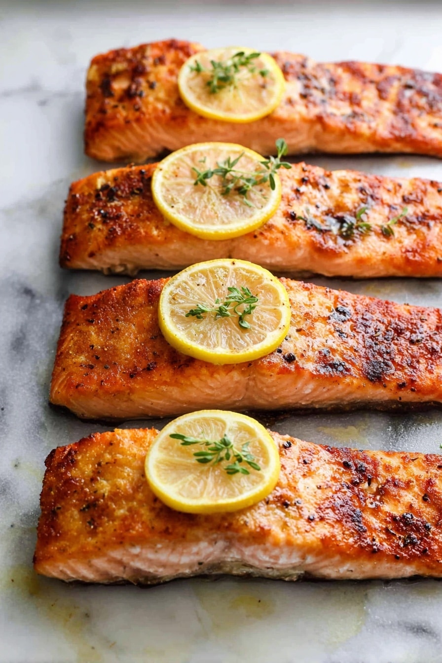 Four pieces of cooked salmon fillets are laid out in a row on a white marbled surface, each fillet having a crispy, golden-brown edge with a soft pink center. On top of the three middle fillets, there is a thin yellow lemon slice garnished with small sprigs of green herbs, adding a fresh touch. The fillets have a slightly flaky texture with small black and brown seasoning bits scattered across their surface, highlighting their seasoned and roasted look. The image shows a close-up view with good lighting to bring out the warm colors of the fish and the freshness of the lemon slices photo taken with an iphone --ar 2:3 --v 7 - Best Easy Healthy Baked Salmon, healthy baked salmon, quick salmon dinner, lemon garlic salmon, simple salmon recipes