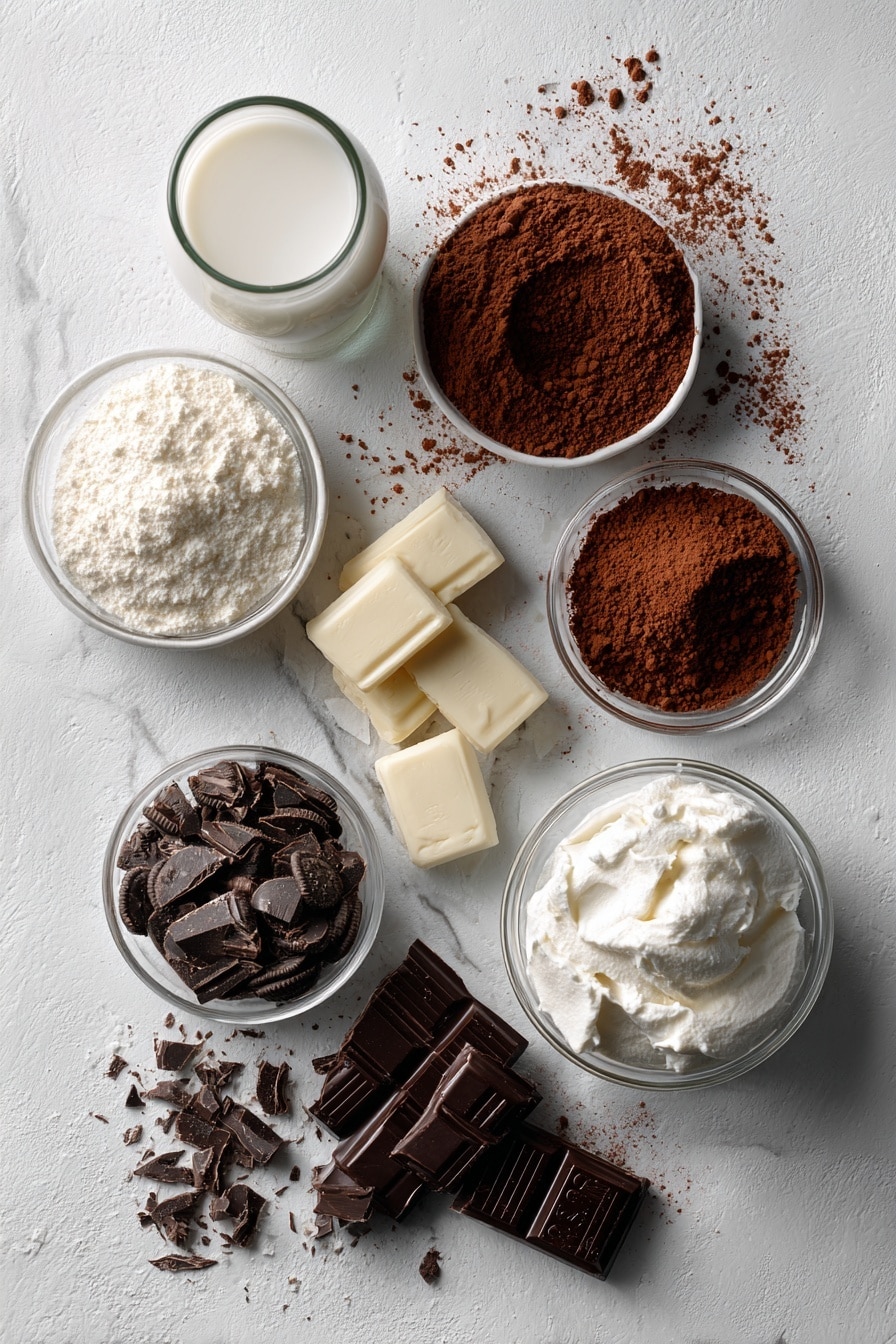 Flat lay of finely ground Oreo cookies, smooth creamy peanut butter, rich dark chocolate chunks, soft cream cheese, fluffy whipped cream, chopped peanut butter cups, whole milk in a small glass, and a dusting of unsweetened cocoa powder, all beautifully arranged for a food photography shot, placed on a white marble surface, photo taken with an iphone --ar 2:3 --v 7 - Chocolate Peanut Butter Pie, easy peanut butter chocolate dessert, no-bake pie recipes, creamy peanut butter pie, decadent chocolate pie