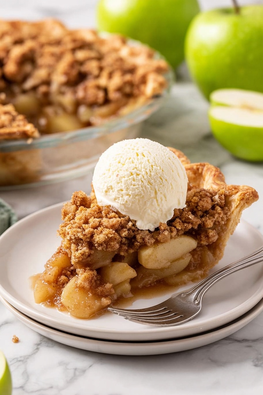 A slice of apple crumble pie is placed on a round white plate with a metal fork beside it. The pie slice has three visible layers: at the bottom, a golden-brown crust; in the middle, soft apple pieces coated with a glossy syrup; on top, a crumbly, brown sugar and cinnamon topping. A scoop of vanilla ice cream, creamy and slightly melting, rests on the crumble layer. The plate sits on a white marbled surface, with a whole pie in a clear dish and green apples, some whole and one cut in half, scattered around. Photo taken with an iphone --ar 2:3 --v 7 - Dutch Apple Pie, apple pie with crumb topping, homemade Dutch apple pie, easy apple pie recipe, best apple pie dessert