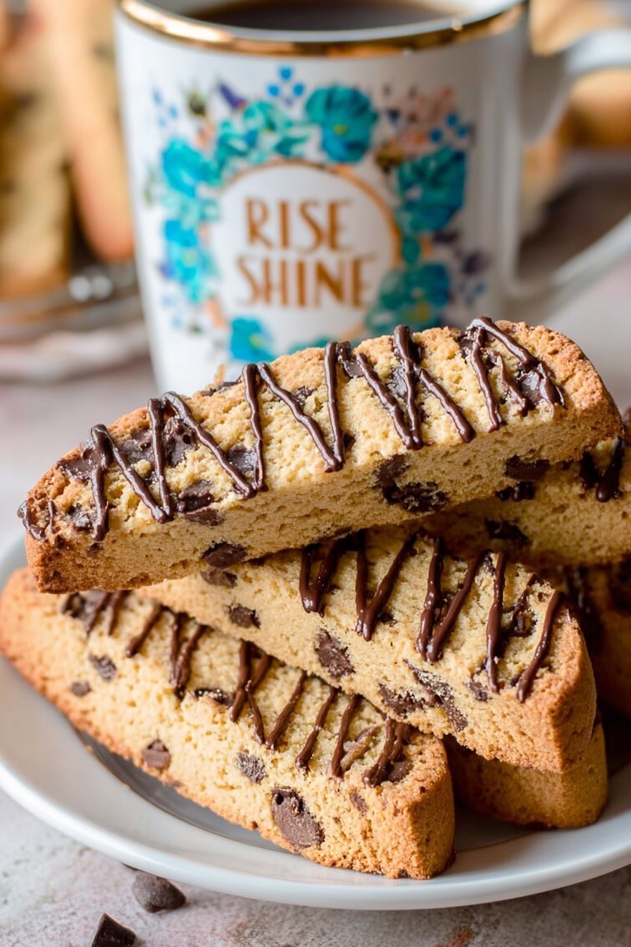 The image shows several golden-brown biscotti pieces stacked on a white plate. The top two biscotti have a light brown color with visible small dark chocolate chips inside, and they are drizzled with thin, dark chocolate lines on top. The biscotti below are plainer, without the chocolate drizzle but still with chocolate chips visible inside. In the background, there is a white mug with blue and turquoise floral designs and the words 