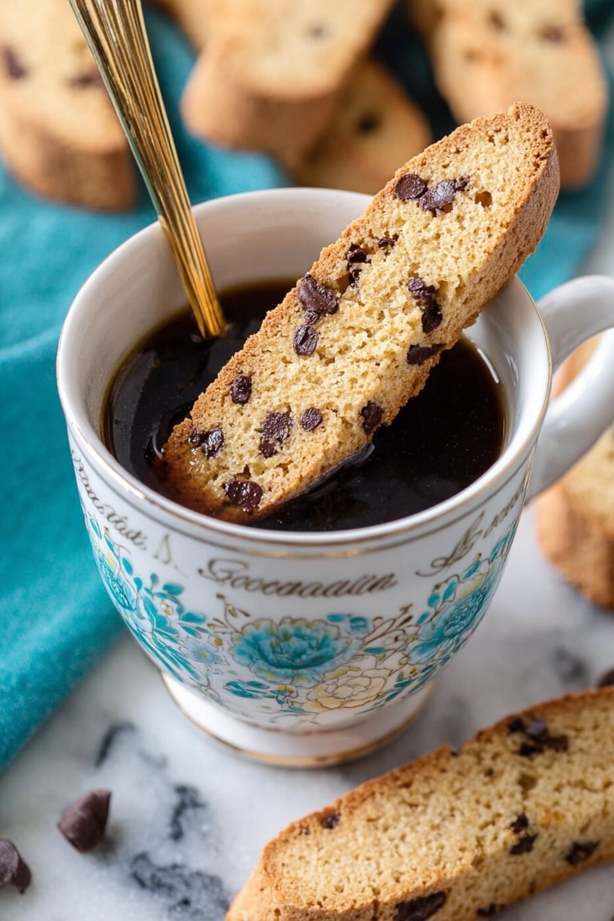 A close-up image shows a cup filled with dark coffee topped with a single long biscotti resting on the cup edge. The cup is white with blue-green floral designs and text, with a gold spoon inside. Around the cup, there is a white marbled surface with more biscotti scattered in the background, and a teal cloth underneath the cup. The biscotti is light golden with visible chocolate chips inside. photo taken with an iphone --ar 2:3 --v 7 - Chocolate Chip Almond Biscotti, biscotti recipe with almonds and chocolate chips, Italian biscotti cookies, crunchy almond biscotti, homemade biscotti with chocolate