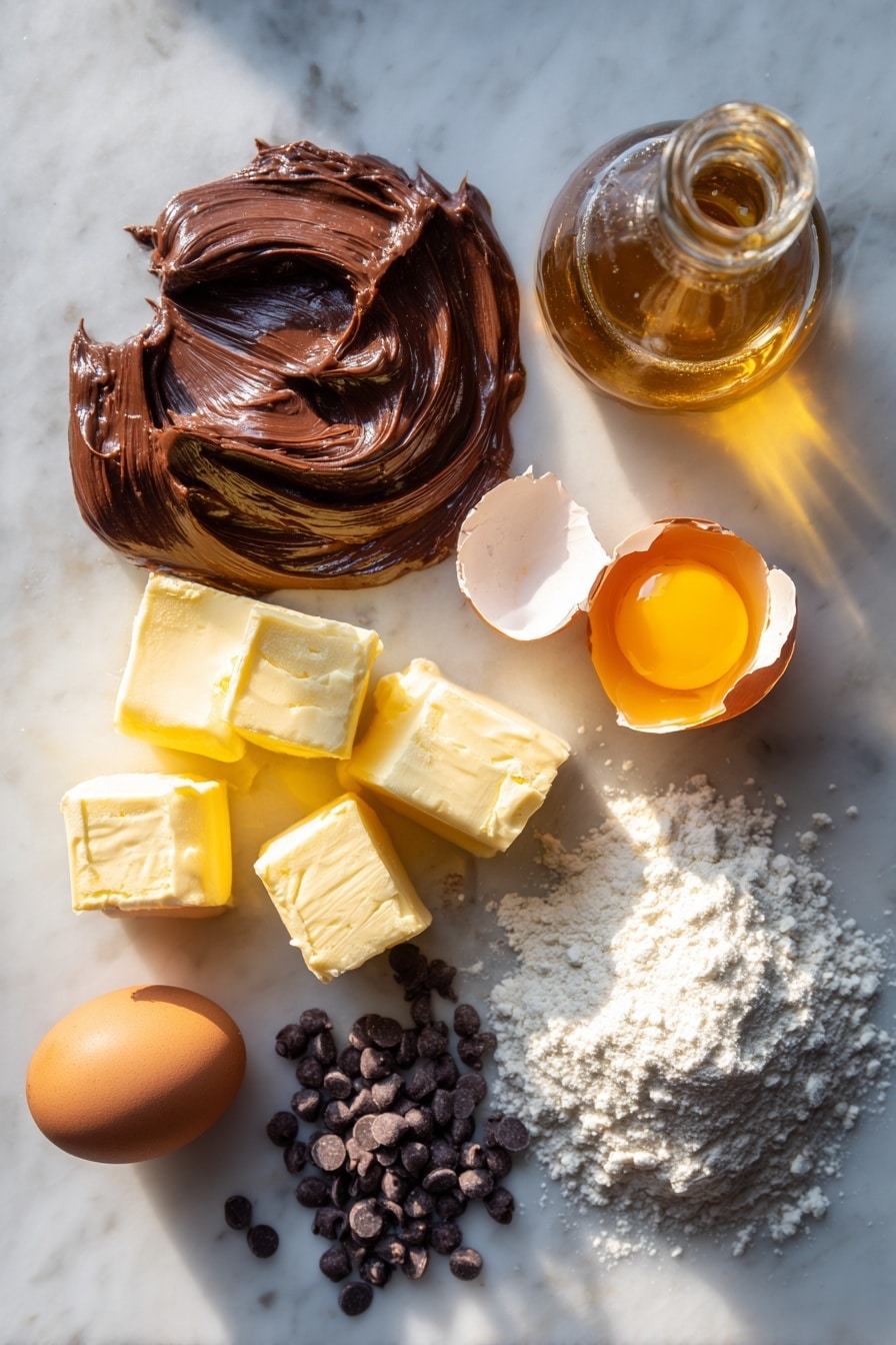 Flat lay of glossy, rich Nutella spread in a small heap, scattered dark chocolate chips, neatly cubed cold unsalted butter, a small mound of tightly packed brown sugar, a cracked open large egg with bright yolk visible, a bottle of golden honey, and a small heap of plain all-purpose flour, all artfully arranged with soft natural light highlighting their textures, placed on a white marble surface, photo taken with an iphone --ar 2:3 --v 7 - Nutella Stuffed Cookies, chocolate hazelnut cookies, gooey Nutella cookies, easy Nutella cookie recipe, decadent stuffed cookies