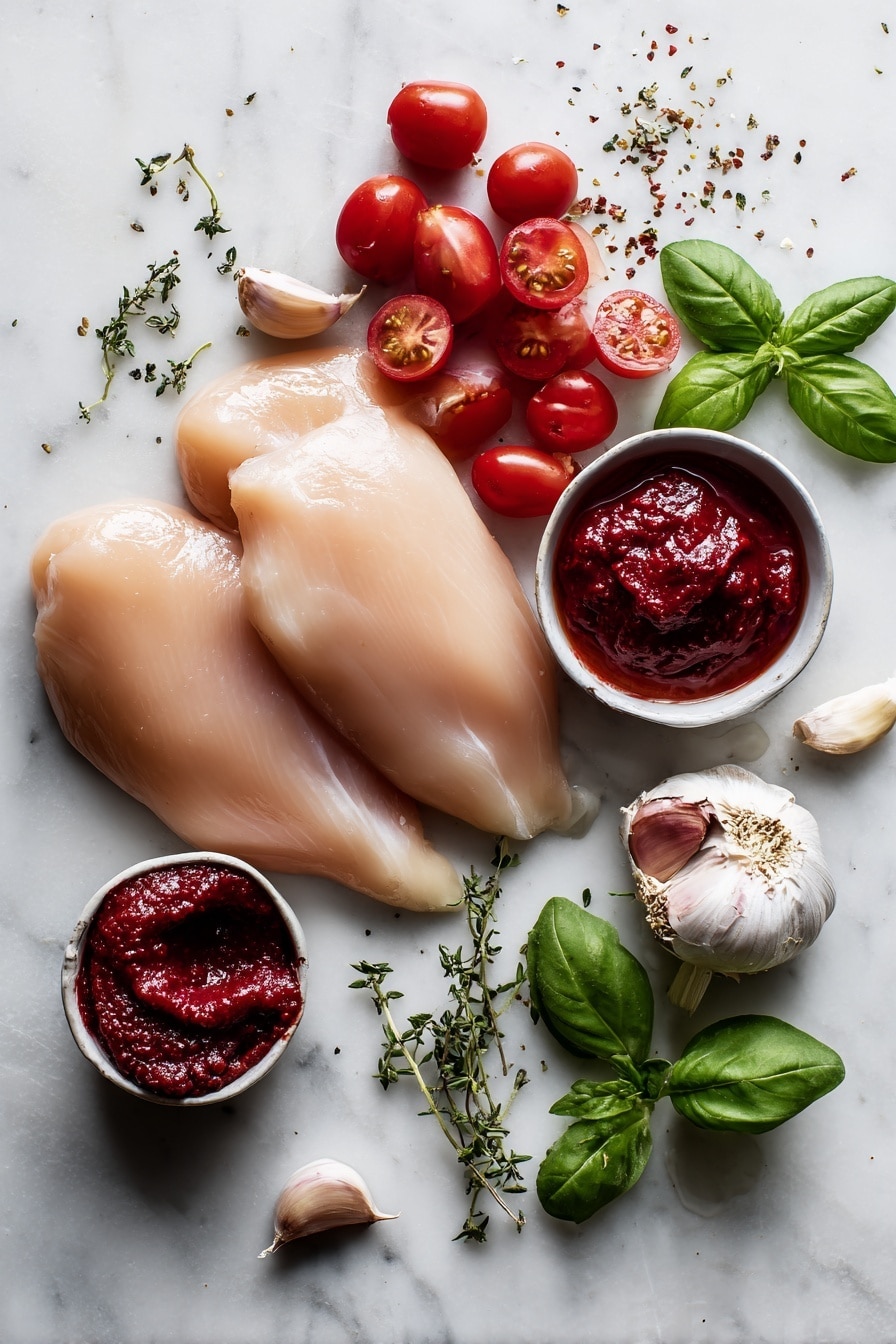 Flat lay of boneless skinless chicken breasts, a small bowl of thick heavy cream, vibrant red cherry tomatoes sliced in half, a rich dollop of deep red tomato paste, bright fresh basil leaves, whole garlic cloves, and a small pile of dried basil and thyme herbs artfully scattered, placed on a white marble surface, photo taken with an iphone --ar 2:3 --v 7 - Slow Cooker Creamy Tomato Basil Chicken, creamy tomato basil chicken, slow cooker chicken recipes, easy chicken with tomato and basil, comfort food chicken