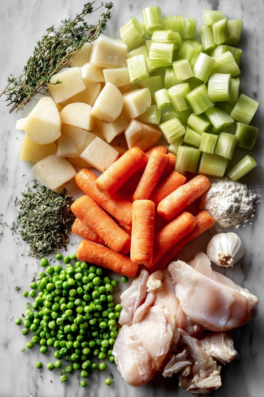 Flat lay of peeled and chopped large carrots, finely chopped celery ribs, peeled and diced medium potatoes, minced garlic cloves, fresh boneless skinless chicken breasts, frozen green peas, dried parsley and thyme herbs, and a small pile of all-purpose flour, arranged beautifully with bright natural light highlighting their colors and textures, placed on a white marble surface, photo taken with an iphone --ar 2:3 --v 7 - Crockpot Chicken and Dumplings, easy slow cooker chicken dish, hearty comfort food recipes, homemade chicken and dumplings, easy dinner ideas