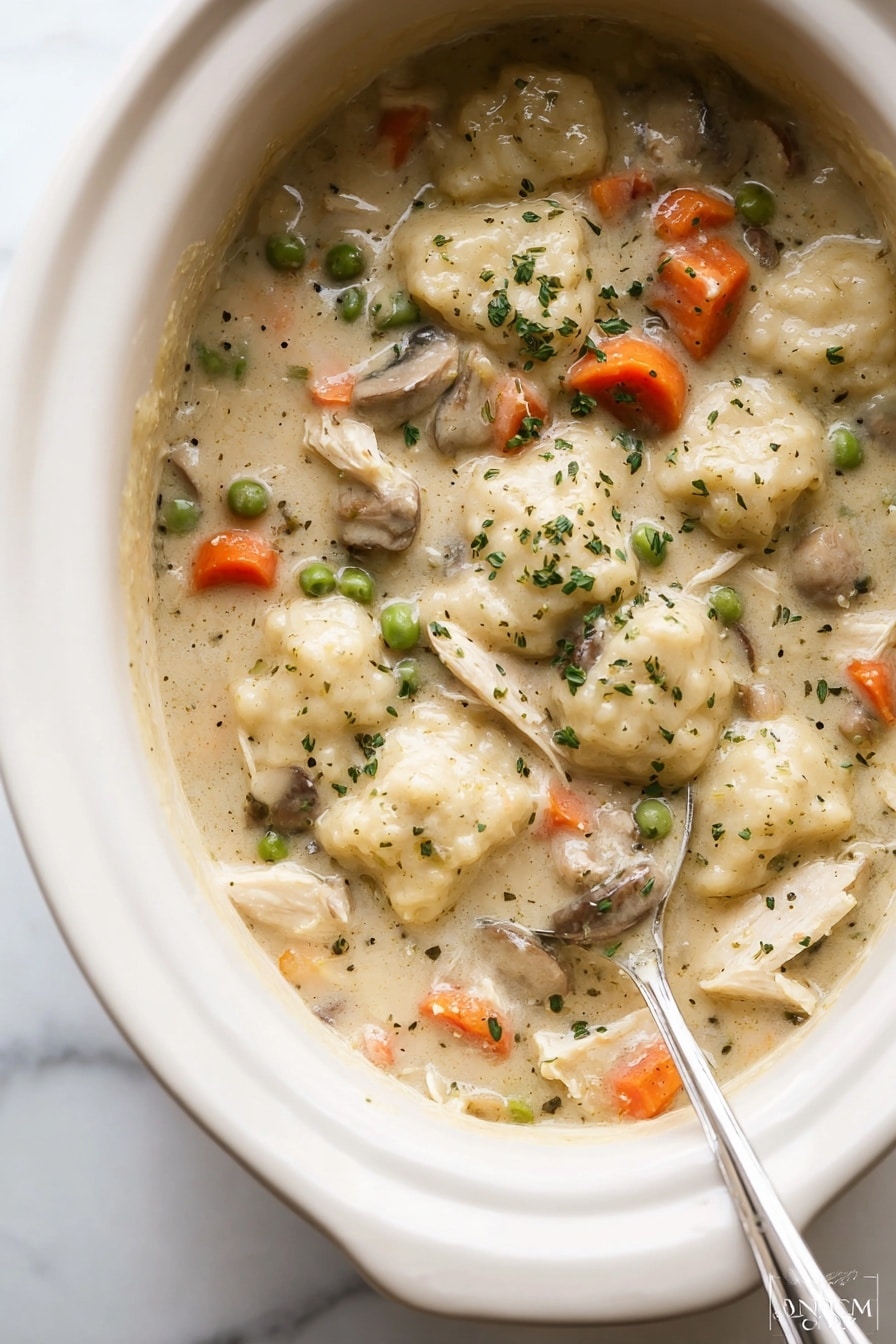 A close-up top view of a white slow cooker filled with thick, creamy chicken and vegetable stew. The stew has visible chunks of white chicken, soft carrots in bright orange, green peas, and tender mushrooms all mixed in a light beige sauce, which looks rich and smooth. There are several small, light dumplings scattered throughout, with finely chopped green herbs sprinkled on top for texture. A silver spoon is partially inserted into the stew, resting near the edge of the slow cooker, with some of the stew on it. The slow cooker sits on a white marbled surface. photo taken with an iphone --ar 2:3 --v 7 - Crockpot Chicken and Dumplings, easy slow cooker chicken dish, hearty comfort food recipes, homemade chicken and dumplings, easy dinner ideas
