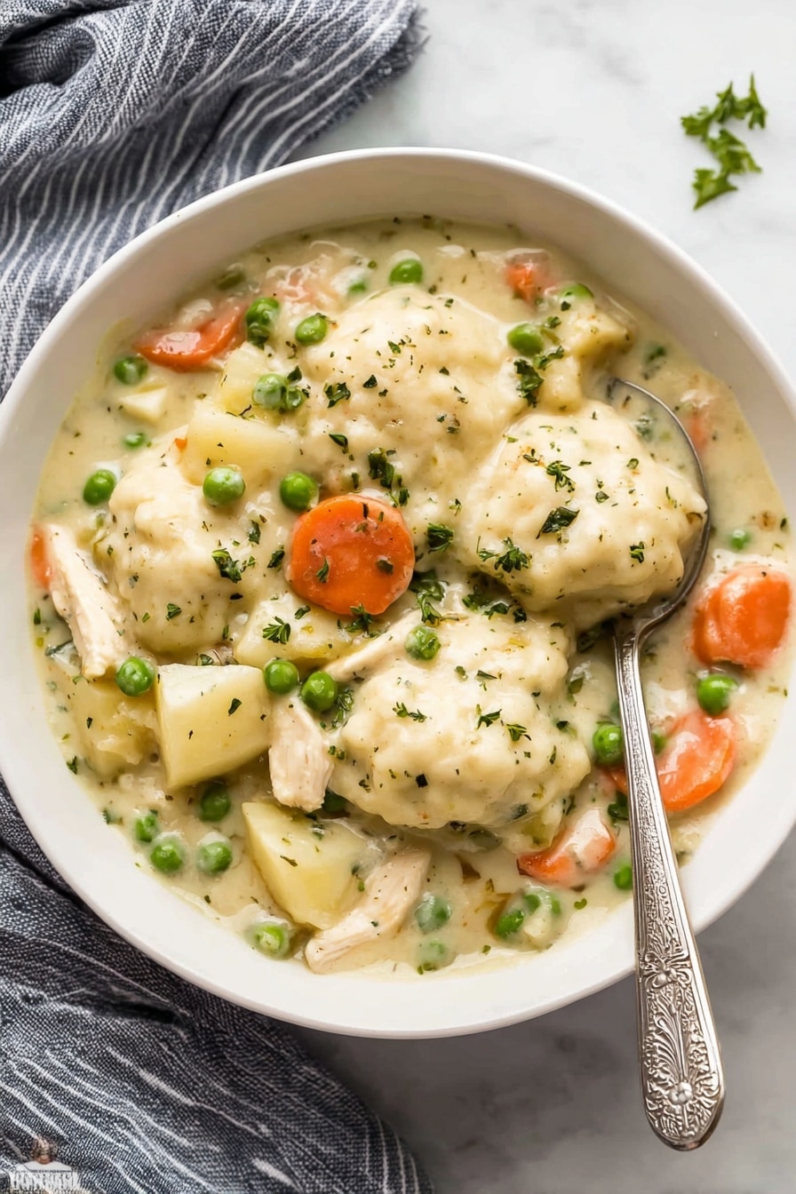A white bowl filled with creamy chicken and vegetable stew, showing thick, white biscuit dumplings on top, surrounded by soft orange carrot slices, bright green peas, light tan potato chunks, and pieces of white chicken in a smooth, pale cream sauce with herbs sprinkled on top. A silver spoon with a decorated handle rests inside the bowl on the right side, partially scooping some dumplings and veggies. The bowl sits on a folded grey and white striped cloth, all placed on a white marbled surface. Photo taken with an iphone --ar 2:3 --v 7 - Crockpot Chicken and Dumplings, easy slow cooker chicken dish, hearty comfort food recipes, homemade chicken and dumplings, easy dinner ideas
