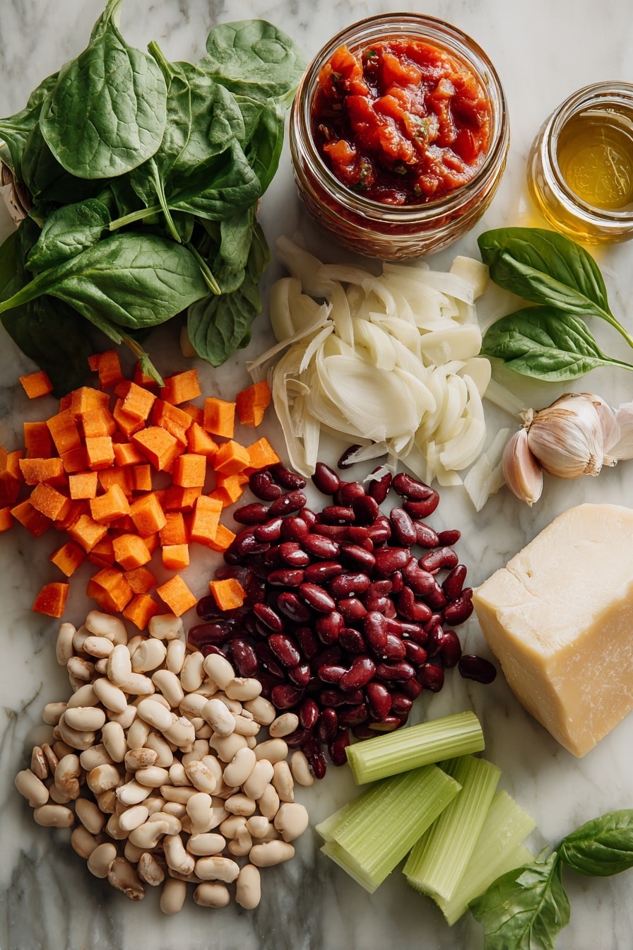 Flat lay of dried cranberry beans spilling gently beside diced bright orange carrots, sliced pale green celery stalks, a large chopped golden onion, thinly sliced cloves of garlic arranged like delicate petals, a vibrant jar of diced red tomatoes with juice, fresh dark green baby spinach leaves fanned out nearby, a wedge of Parmigiano-Reggiano cheese with a chunk of rind resting beside it, and a few fresh basil leaves scattered artfully, placed on a white marble surface, photo taken with an iphone --ar 2:3 --v 7 - Cranberry Bean Soup, hearty bean soup, healthy soup recipes, vegetarian bean soup, easy soup recipes