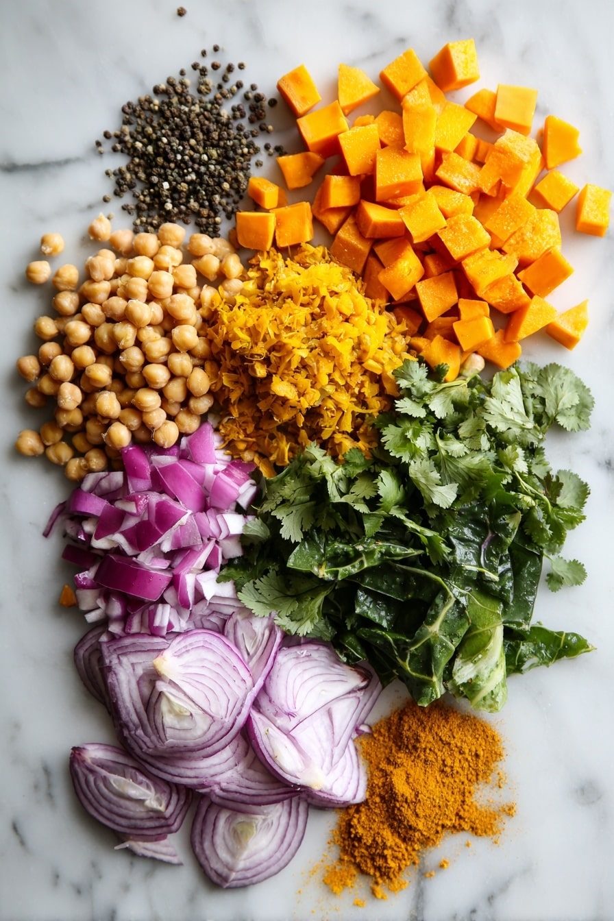 Flat lay of vibrant orange diced sweet potatoes, golden yellow onions finely diced, plump light beige chickpeas, bright green Swiss chard ribbons, fresh cilantro leaves, small clusters of black mustard seeds and whole cumin seeds, thin slices of deep purple red onion, and a small pile of golden brown garam masala powder, placed on a white marble surface, photo taken with an iphone --ar 2:3 --v 7 - Indian Chickpea Sweet Potato Stew, vegan gluten-free Indian stew, healthy chickpea sweet potato recipe, comforting Indian vegan stew, easy vegan Indian stew