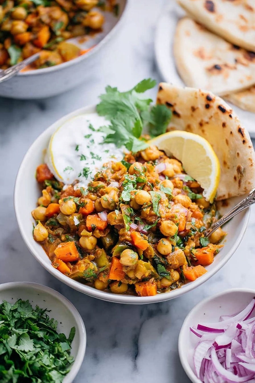 A white bowl filled with a mix of chickpeas, chopped carrots, and green herbs, all cooked together with a slightly saucy texture. There is a dollop of white sauce and fresh green cilantro leaves on the left side of the bowl. A lemon wedge and two pieces of toasted flatbread are placed on the right side inside the bowl. Around the bowl are small white dishes with fresh green herbs and thinly sliced purple onions on a white marbled surface. Another white bowl with a similar chickpea mixture and greens is blurred in the background. Photo taken with an iphone --ar 2:3 --v 7 - Indian Chickpea Sweet Potato Stew, vegan gluten-free Indian stew, healthy chickpea sweet potato recipe, comforting Indian vegan stew, easy vegan Indian stew