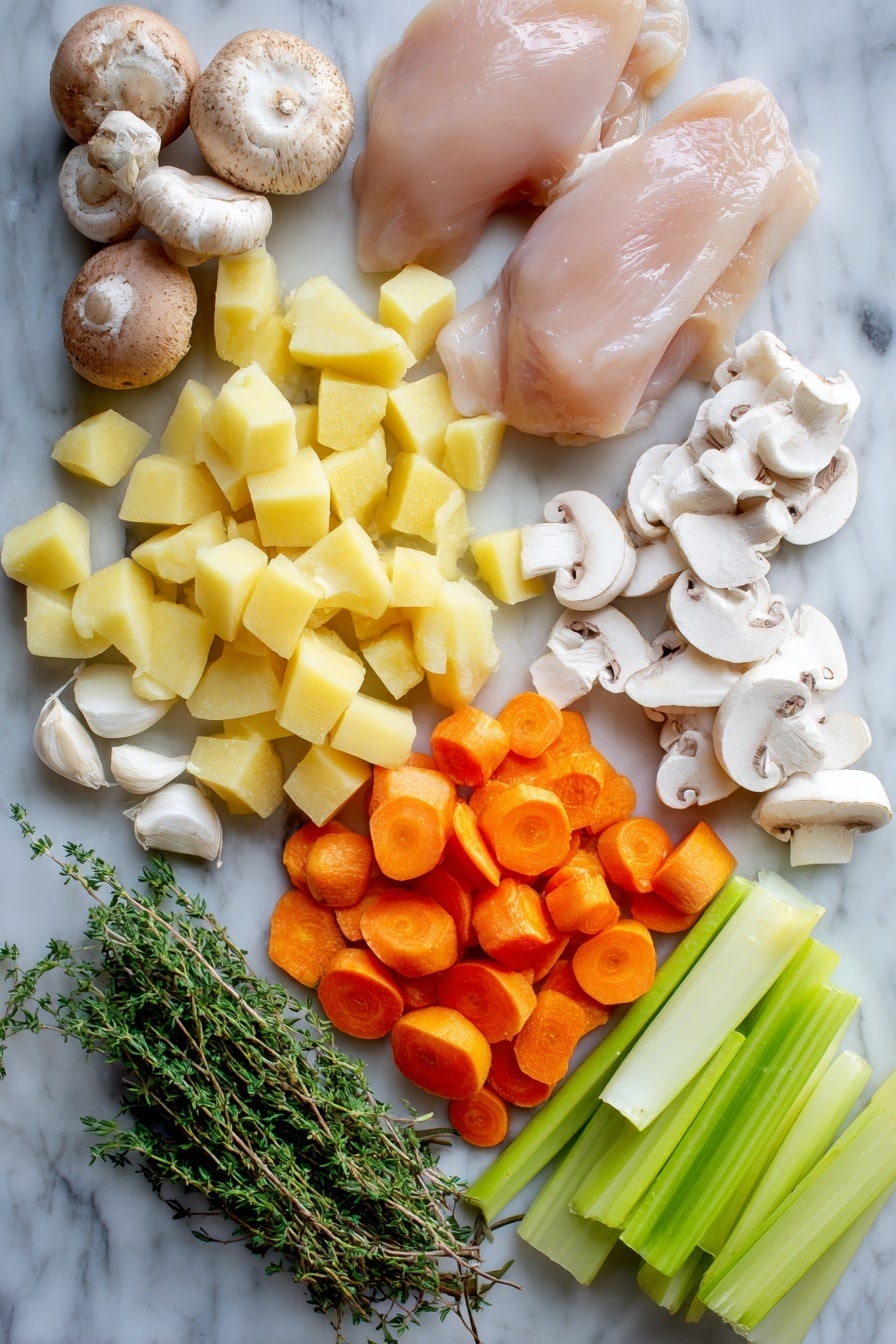 Flat lay of fresh uncooked chicken breasts, peeled and diced Russet potatoes, sliced white mushrooms, peeled and sliced bright orange carrots, chopped celery stalks, chopped half medium onion, whole garlic cloves, and a small bunch of Italian seasoning herbs, all beautifully arranged in a natural, colorful spread placed on a white marble surface, photo taken with an iphone --ar 2:3 --v 7 - Easy Chicken Stew, hearty chicken stew, comforting stew recipe, simple chicken stew, homemade chicken stew