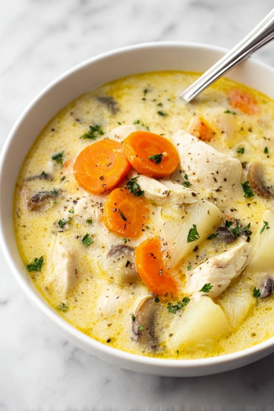A white bowl filled with creamy chicken soup showing about four layers of ingredients. The top layer has several large orange carrot slices evenly spread, along with white chicken pieces that have a slightly rough texture and light pepper specks. The middle layer contains chopped white potatoes and small pieces of dark brown mushrooms nestled in the creamy yellow broth with herbs floating around. The broth itself has a smooth, slightly oily surface with specks of green parsley and black pepper scattered, giving a fresh and colorful look. A silver spoon rests inside the bowl, slightly submerged in the soup. The bowl sits on a white marbled surface. photo taken with an iphone --ar 2:3 --v 7 - Easy Chicken Stew, hearty chicken stew, comforting stew recipe, simple chicken stew, homemade chicken stew