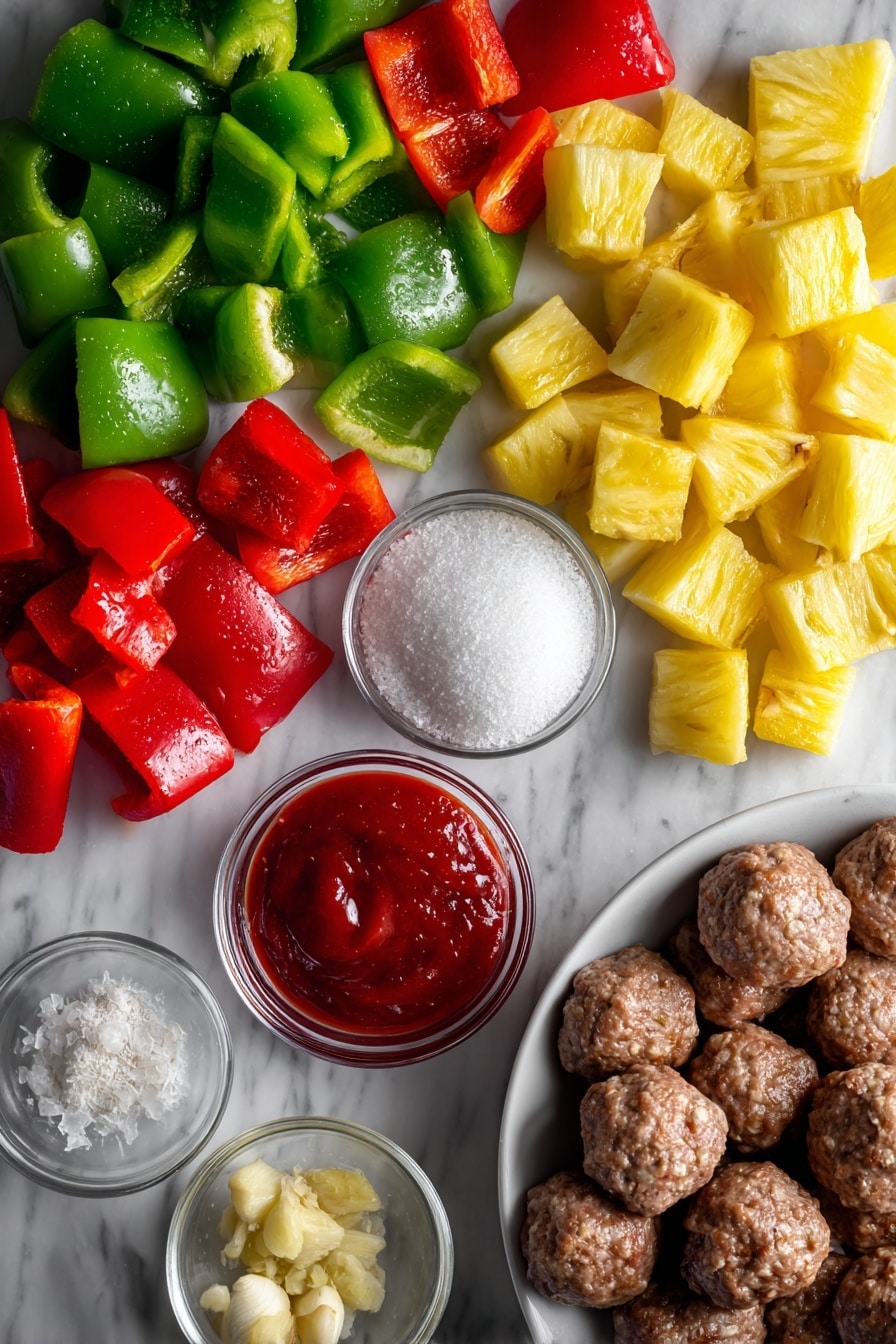 Flat lay of vibrant red and green bell pepper chunks, juicy golden pineapple pieces with glossy juice, plump frozen beef meatballs, bright white granulated sugar crystals, a small heap of white vinegar, smooth red tomato ketchup, light beige minced garlic, and pale yellow minced ginger, all beautifully arranged in a natural, colorful composition placed on a white marble surface, photo taken with an iphone --ar 2:3 --v 7 - Sweet and Sour Crockpot Meatballs, crockpot meatballs recipe, easy sweet and sour meatballs, slow cooker meatball ideas, family-friendly dinner recipes