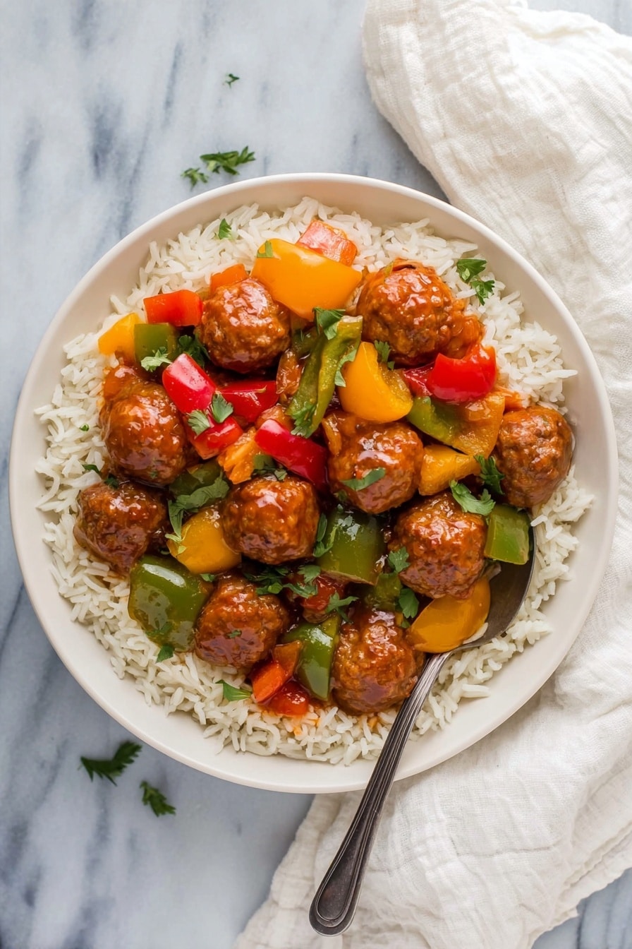 A white round bowl filled with a bed of white rice as the bottom layer, topped with a colorful mix of bright red, green, and yellow bell pepper chunks, along with golden brown meatballs coated in a shiny sauce, all spread evenly across the rice. A silver spoon rests inside the bowl on the right side. The bowl is placed on a white marbled surface with a white cloth beside it. Photo taken with an iphone --ar 2:3 --v 7 - Sweet and Sour Crockpot Meatballs, crockpot meatballs recipe, easy sweet and sour meatballs, slow cooker meatball ideas, family-friendly dinner recipes