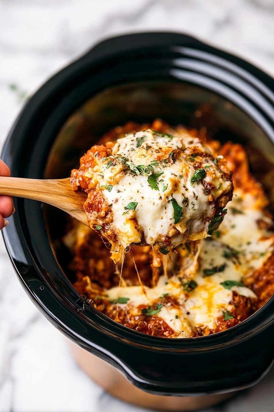 A close-up image shows a black slow cooker filled with a dish that has multiple layers. The bottom layer is a reddish-brown mixture with a rough texture, suggesting cooked meat and sauce. Above this is a creamy, melted white cheese layer that looks soft and stretchy, covering the dish unevenly with some areas browned. On top, there are small green herbs sprinkled evenly, adding a fresh touch. A wooden spoon lifts a generous scoop of the dish, showing the mix of sauce, meat, and cheese strands stretching back to the cooker, with a woman's hand holding the spoon. The background is a white marbled surface. Photo taken with an iphone --ar 2:3 --v 7 - Crockpot Lasagna, slow cooker lasagna recipe, easy lasagna dinner, cheesy crockpot lasagna, comfort food lasagna