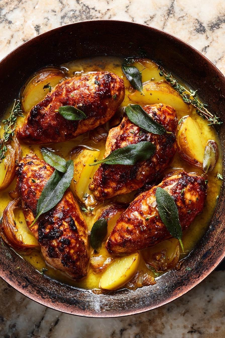 The image shows a dark skillet filled with four pieces of meat wrapped in crispy, dark reddish-brown bacon with a slight char, each topped with whole green sage leaves. Around the meat are soft, warm yellow and light orange apple slices with a glossy, cooked texture, along with small browned shallots nestled in a light golden sauce covering the bottom of the skillet. Small green thyme sprigs are scattered throughout, adding a fresh touch. The skillet rests on a rough, rustic surface, but the background should be imagined as a white marbled texture. photo taken with an iphone --ar 2:3 --v 7 - Prosciutto Apple and Sage Butter Chicken with Cider Pan Sauce, apple cider chicken recipes, fall chicken dinners, gourmet chicken recipes, easy elegant chicken dinner