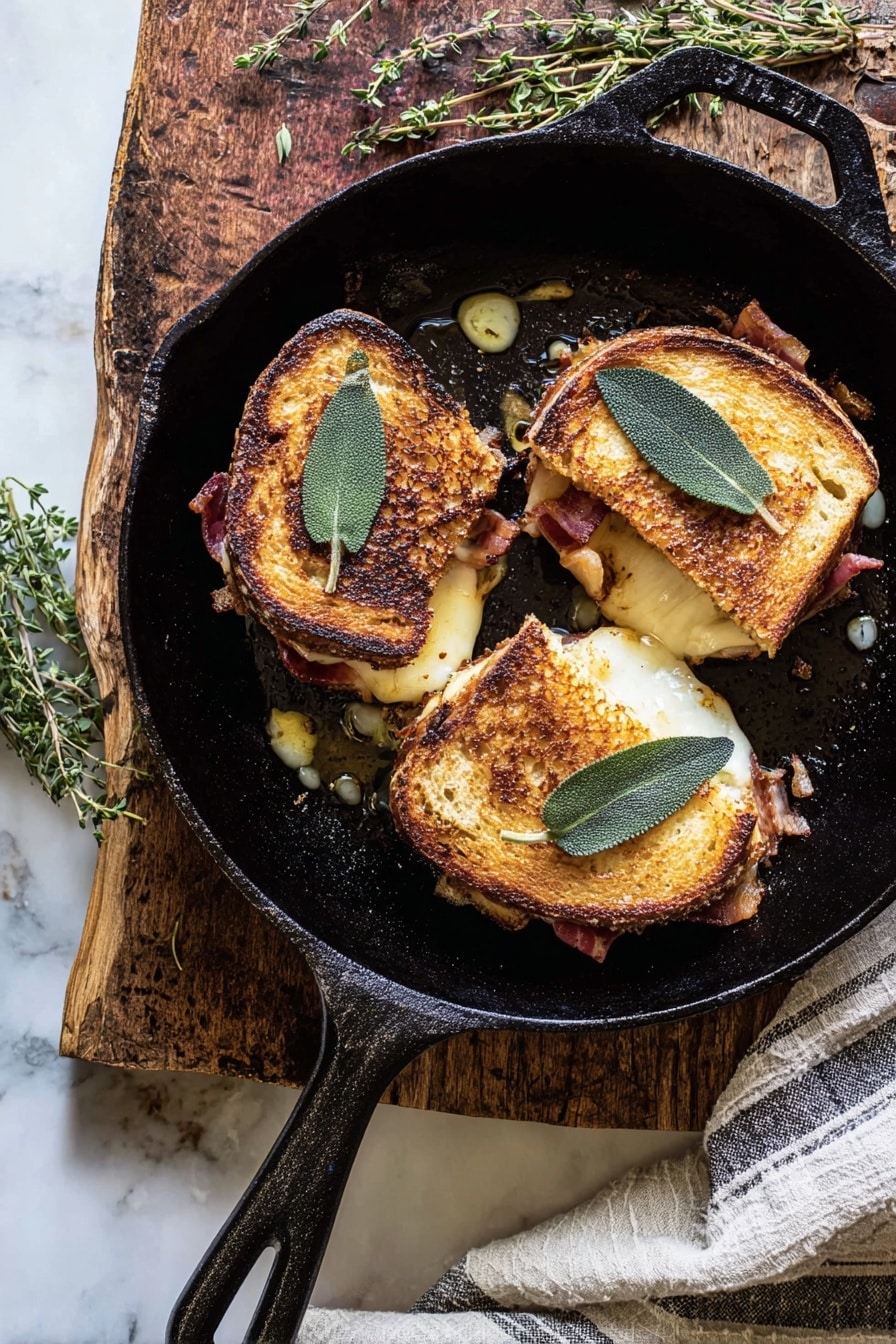 Three toasted sandwiches with golden brown crusts sit in a black cast iron pan, each topped with a single dark green fried sage leaf. The sandwiches are slightly open, showing melted white cheese and bits of bacon inside. The pan glistens with melted butter and small herbs scattered around. The pan is on a rough wooden board, which rests on a white marbled surface with some red flowers and a checked cloth nearby. Photo taken with an iphone --ar 2:3 --v 7 - French Onion and Apple Grilled Cheese with Prosciutto and Crispy Sage, gourmet grilled cheese recipe, caramelized onion and apple sandwich, fancy grilled cheese ideas, savory prosciutto cheese sandwich