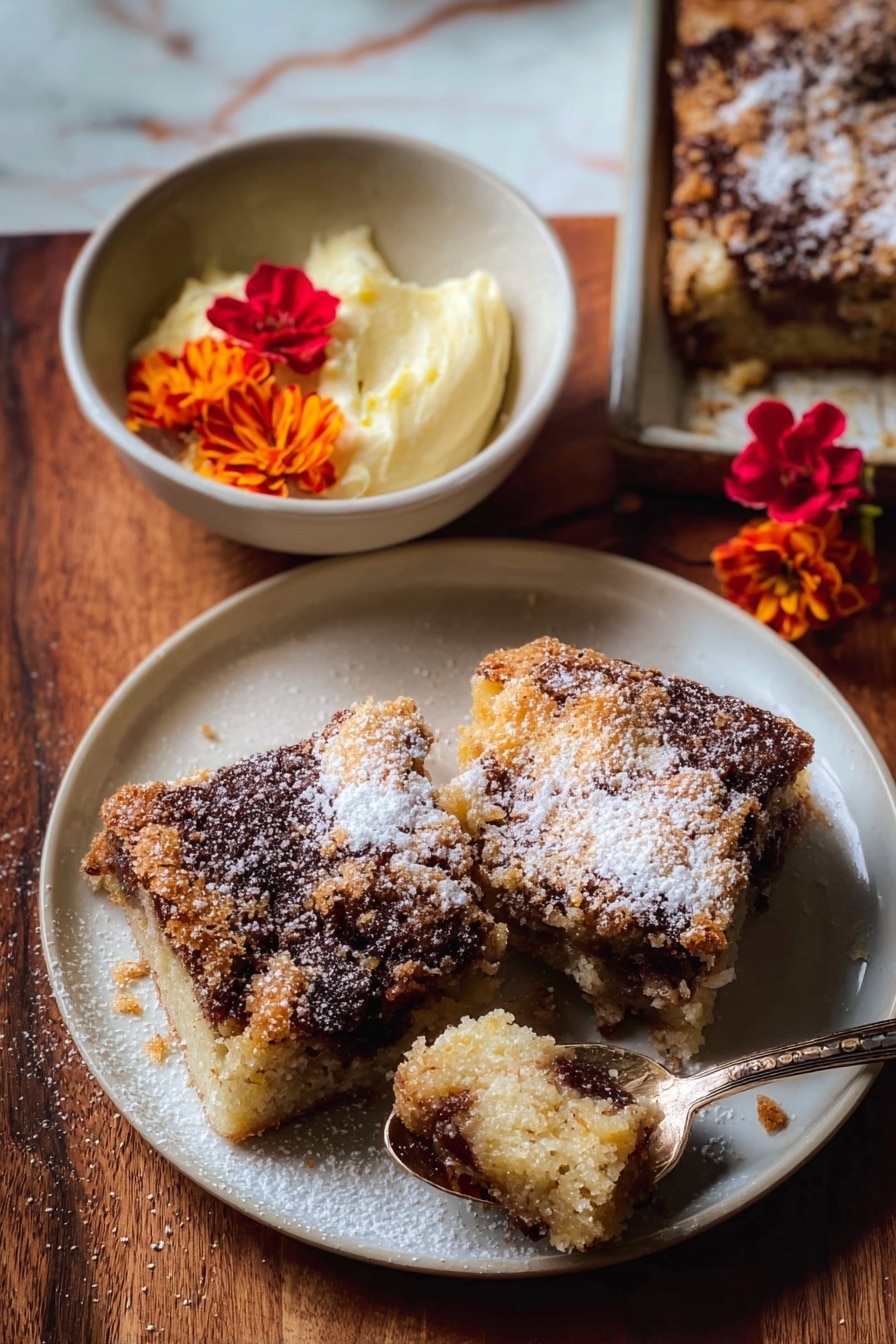 A white plate holds two pieces of a crumbly dessert with a dark brown top layer sprinkled lightly with powdered sugar, revealing a lighter, softer inside with bits of nuts or fruit. A spoon scoops a piece of the dessert, showing its rough, textured surface. Nearby, a small white bowl filled with creamy butter is decorated with small orange and red flowers. The scene is set on a wooden table with a white marbled texture background. photo taken with an iphone --ar 2:3 --v 7 - Easy Cinnamon Sugar Apple Cake, cinnamon apple cake, fall apple cake, simple apple dessert, cozy apple cake