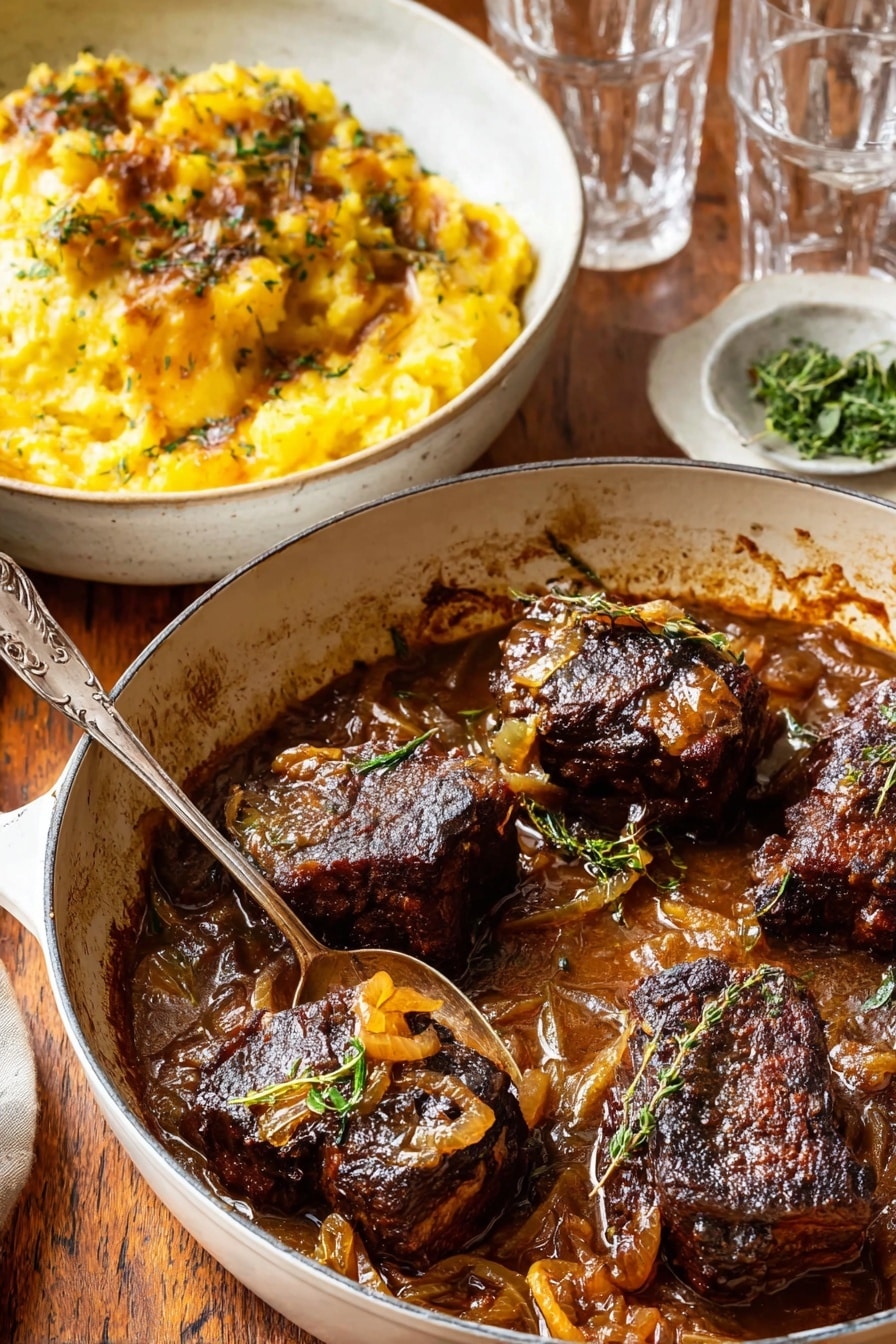 A white pan filled with four dark brown, crispy pieces of cooked meat sitting in a thick, shiny brown sauce with visible cooked onions and small green herb leaves scattered on top and around the meat; next to it is a white bowl holding golden yellow, roasted mashed potatoes with some darker crispy edges and green herbs mixed in, with a silver spoon scooping a portion; the background is a warm wooden surface with two clear glasses and a small white plate with green herbs on the lower right; photo taken with an iphone --ar 2:3 --v 7 - Cider Braised Pot Roast with Crispy Sage Potatoes, hearty beef roast with apple cider, crispy sage potatoes, slow cooker pot roast recipes, comforting fall dinners