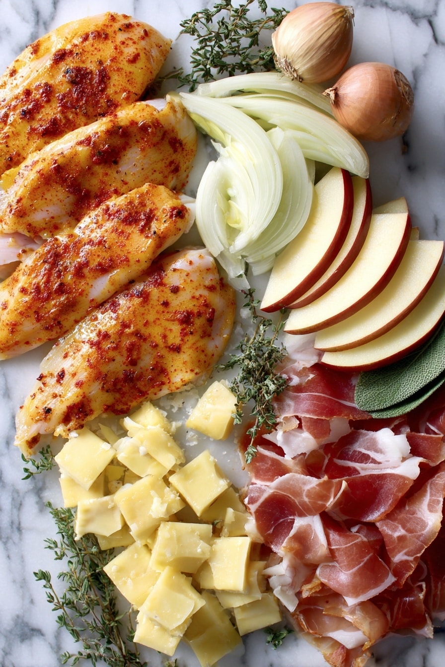 Flat lay of thin-cut chicken breasts seasoned with paprika and cayenne, crispy golden prosciutto slices, sliced yellow onion, chopped garlic cloves, fresh thyme and sage leaves, crisp Honeycrisp apple wedges, and shredded Gruyère cheese, all beautifully arranged with pats of salted butter scattered among the ingredients, placed on a white marble surface, photo taken with an iphone --ar 2:3 --v 7 - Apple Cider Smothered Chicken, savory chicken with apple cider sauce, easy dinner recipes, cozy fall chicken dish, beginner-friendly chicken recipes