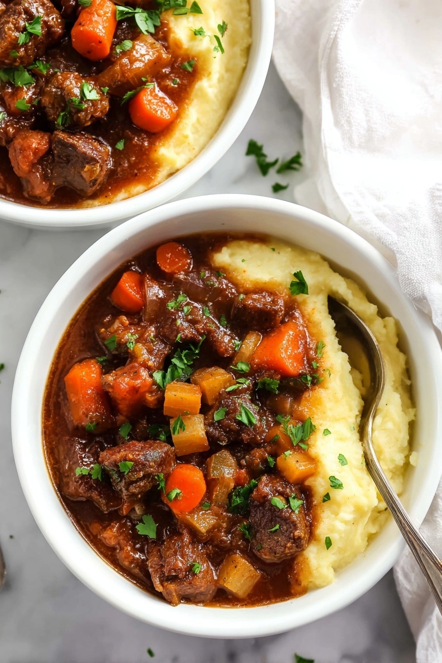 The image shows a stew with rich brown chunks of meat and bright orange carrot pieces mixed together in a thick, dark brown sauce. Green herbs are sprinkled on top, adding a fresh color contrast to the dish. The texture of the stew looks hearty with visible tender meat and soft vegetables, all contained in a dark cooking pot against a white marbled background. photo taken with an iphone --ar 2:3 --v 7 - Slow Cooker Beef Stew with Rich Gravy, hearty beef stew, easy slow cooker beef recipe, comfort food stew, flavorful beef stew recipe