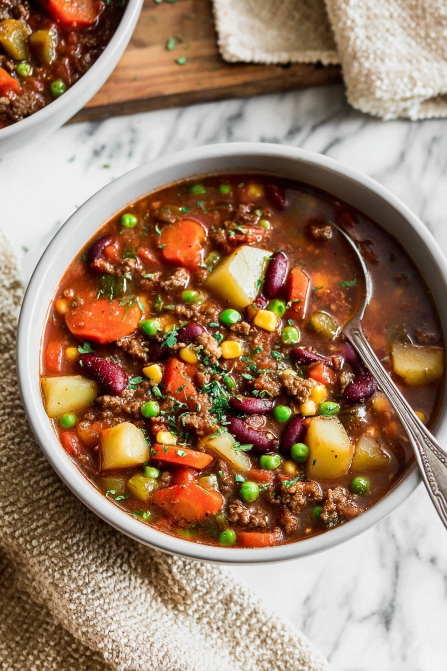 A bowl of thick stew filled with layers of colorful ingredients, starting with a base of rich, dark brown broth. Chunks of orange carrots, bright green peas, yellow corn, and deep red kidney beans are spread evenly throughout. Pieces of brown ground meat and slices of browned sausage add texture and depth. Small white potato cubes and bits of green herbs are scattered on top, adding a fresh touch. The stew fills a white bowl, with a spoon resting inside, all set on a white marbled surface with a beige and white textured cloth nearby. Photo taken with an iphone --ar 2:3 --v 7 - Cowboy Stew, Cowboy Stew Recipe, hearty stew, one-pot beef stew, smoky kielbasa stew