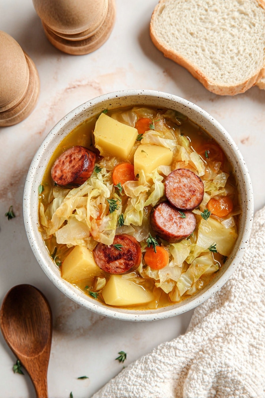 A bowl filled with a thick stew showing three main layers: the bottom layer is a light brown broth; the middle layer has large yellow potato chunks and slices of orange carrots; the top layer includes browned sausage slices, shredded light cabbage, and small green herb sprigs scattered on top. The bowl is white with small dark speckles and sits on a white marbled surface. Next to it are two slices of white bread and a wooden pepper grinder partially visible. A wooden spoon and a white textured cloth are placed nearby. Photo taken with an iphone --ar 2:3 --v 7 - Kielbasa and Cabbage Soup, hearty kielbasa soup, easy cabbage soup recipe, comfort food soup, simple sausage and cabbage stew