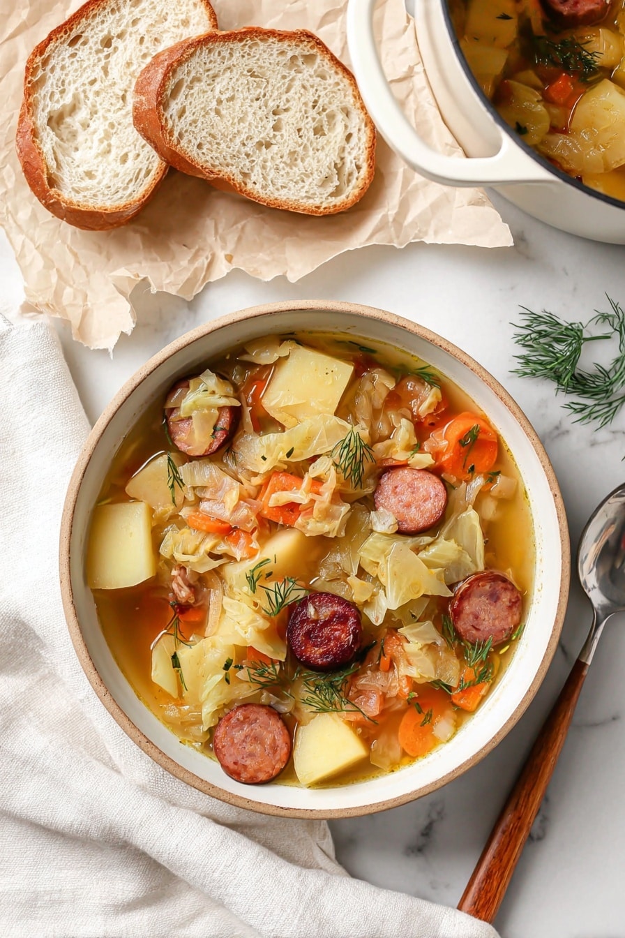 A bowl filled with soup showing three layers: at the bottom, a light brown broth; above it, chunks of light yellow potatoes and slices of orange carrots; on top, slices of dark brown sausage mixed with shredded translucent cabbage and small green dill sprigs scattered throughout. The bowl is round and white with a natural rim. Next to the bowl is a white cloth napkin and a spoon with a wooden handle resting on it. To the top left, there are two slices of pale bread set on crumpled parchment paper. Part of a white cooking pot containing more of the same soup is visible in the top right corner. The whole scene is arranged on a white marbled surface. photo taken with an iphone --ar 2:3 --v 7 - Kielbasa and Cabbage Soup, hearty kielbasa soup, easy cabbage soup recipe, comfort food soup, simple sausage and cabbage stew
