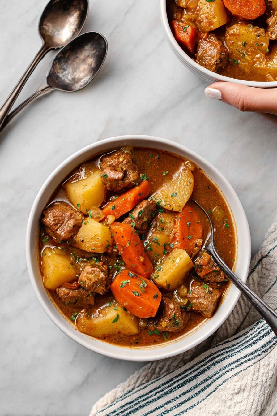 A white bowl filled with a thick stew showing three main layers: large orange carrot slices scattered throughout, chunky light brown pieces of meat evenly spread, and irregular yellowish potato pieces sitting on and beneath the meat and carrots, all mixed in a rich brown sauce with small green herb bits sprinkled on top. The bowl is placed on a white marbled surface next to two silver spoons and a striped white and blue cloth napkin. A woman's hand holds a similar white bowl with the same stew in the upper right corner. Photo taken with an iphone --ar 2:3 --v 7 - Hearty Oven-Braised Lamb Stew with Mushrooms, Potatoes, and Carrots, hearty lamb stew, oven-braised lamb recipe, comfort food lamb stew, easy lamb stew, savory meat and vegetable stew