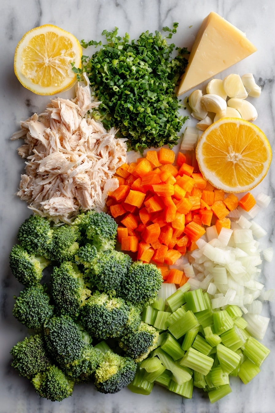 Flat lay of bright green broccoli florets, shredded cooked chicken, diced sweet onion, chopped orange carrots, chopped celery stalks, peeled garlic cloves, a wedge of parmesan rind, and a fresh lemon half with a spritz of juice, all beautifully arranged on a white marble surface, photo taken with an iphone --ar 2:3 --v 7 - Creamy Chicken and Broccoli Soup, easy chicken broccoli soup, comforting soup recipes, hearty chicken broccoli dish, healthy creamy soup