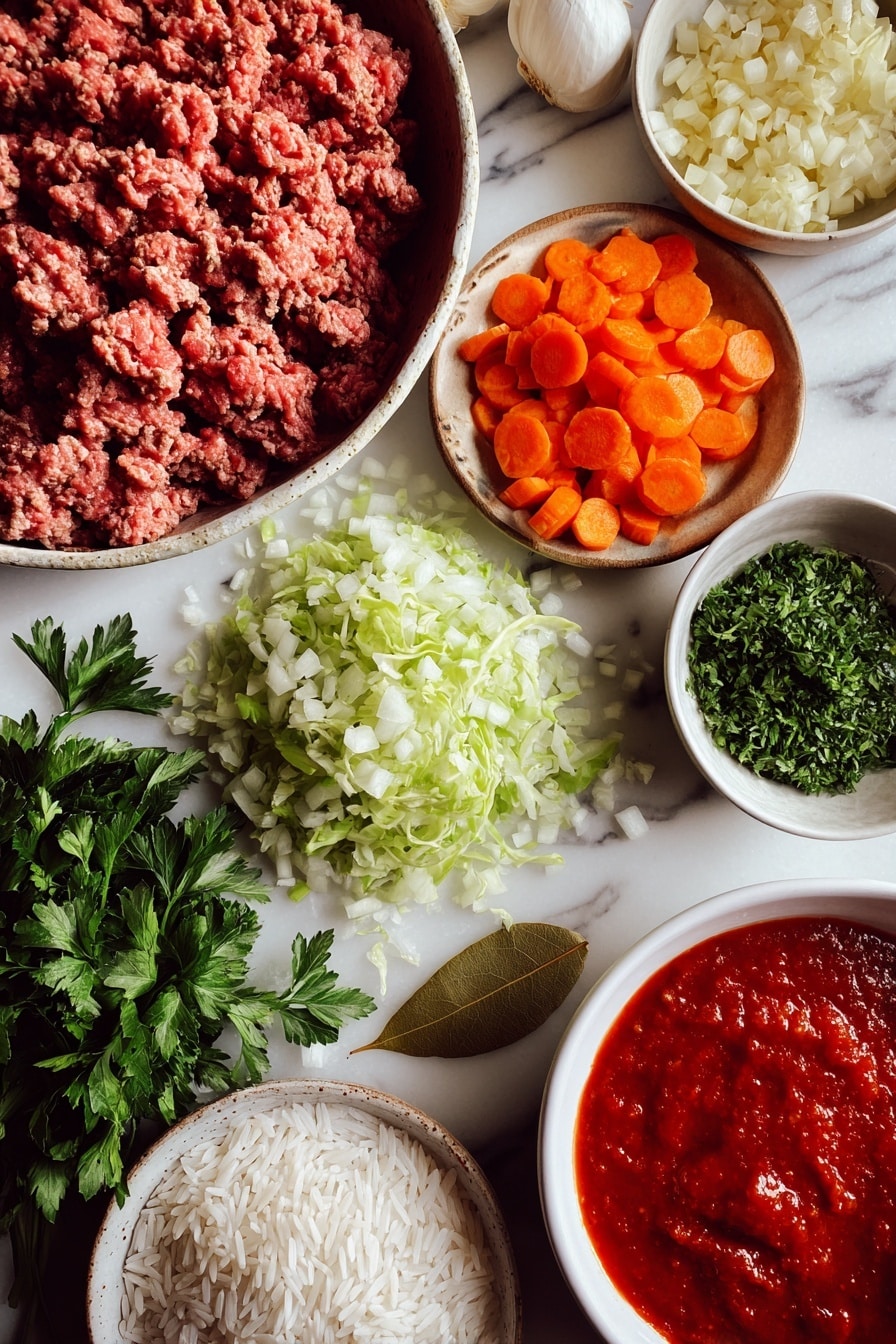 Flat lay of fresh ground beef, finely diced yellow onion, minced garlic cloves, chopped green cabbage, vibrant sliced carrots, bright red tomato sauce in a rich pool, uncooked white rice grains scattered delicately, a single bay leaf, and a small pile of fresh chopped parsley, all beautifully arranged on a white marble surface, photo taken with an iphone --ar 2:3 --v 7 - Cabbage Roll Soup, hearty cabbage soup, beef and cabbage soup, easy cabbage soup recipe, comfort food soups