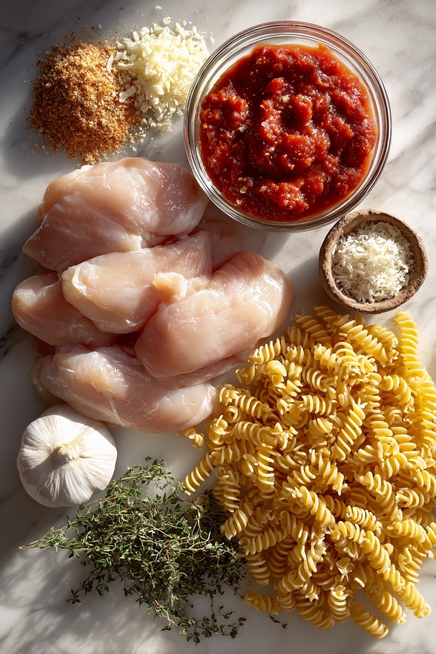 Flat lay of boneless skinless chicken breasts, minced garlic cloves, dried onion flakes, bright red tomato paste in a small glass jar, rich tomato sauce in a rustic bowl, diced vine-ripened tomatoes, fresh Italian seasoning herbs, grated Parmesan cheese piles, and uncooked campanelle pasta spirals, all beautifully arranged with natural light highlighting their vibrant colors, placed on a white marble surface, photo taken with an iphone --ar 2:3 --v 7 - Slow Cooker Chicken Parmesan Soup, Italian chicken soup, easy chicken soup recipe, comforting Italian soup, slow cooker dinner ideas