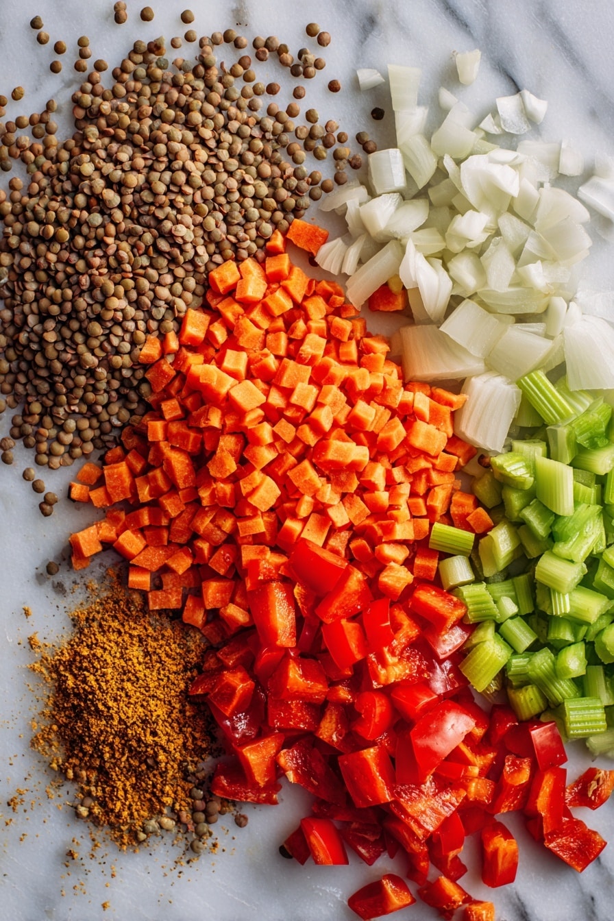 Flat lay of dried brown lentils spilling gently, diced medium onion bulbs with translucent layers, vibrant sliced orange carrots, fresh green celery stalks finely diced, peeled garlic cloves crushed slightly, bright red diced tomatoes glistening, and a small pile of warm golden ground cumin and coriander seeds, all beautifully arranged in a natural, colorful composition, placed on a white marble surface, photo taken with an iphone --ar 2:3 --v 7 - Slow Cooker Lentil Soup, hearty lentil soup, easy healthy soup, cozy lentil stew, vegan lentil meal