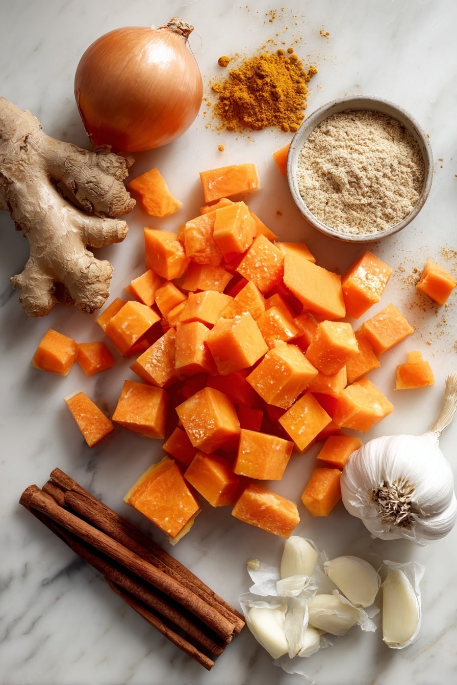 Flat lay of bright orange pumpkin cubes, fresh peeled and chopped carrots, a small golden onion with papery skin, peeled garlic cloves, a neat pile of golden curry powder, warm brown cinnamon sticks, fresh ginger root with a bit peeled, and a creamy swirl of coconut milk, all beautifully arranged on a white marble surface, photo taken with an iphone --ar 2:3 --v 7 - Creamy Pumpkin Curry Soup, pumpkin curry soup recipe, easy pumpkin soup with curry, comforting pumpkin soup, healthy pumpkin curry
