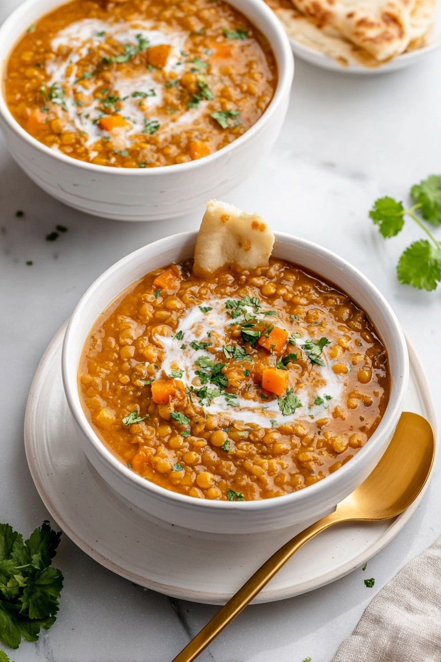 The image shows two white bowls filled with thick, orange-brown lentil curry, placed on white marbled surface. The curry has visible lentils and small pieces of orange carrot, topped with white cream swirled on top and sprinkled with green chopped cilantro. One bowl is in the front on a white plate with a golden spoon resting beside it, while the other bowl is partly visible in the background. A piece of light brown flatbread is placed resting on the edge of the front bowl. A few sprigs of fresh cilantro add a pop of green around the bowls. Photo taken with an iphone --ar 2:3 --v 7 - Vegan Curried Pumpkin Lentil Soup, vegan pumpkin soup, curried lentil soup, plant-based pumpkin soup, comforting vegan soup
