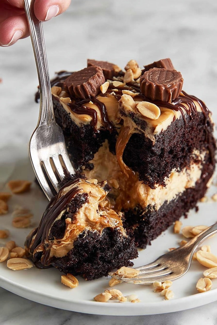 A slice of rich dark chocolate cake with a thick, creamy light brown peanut butter frosting layer on top, decorated with chopped peanut butter cups and whole peanuts. The frosting is drizzled with dark chocolate sauce. The cake is placed on a white plate with a few scattered peanuts around. A woman's hand holding a fork is cutting into the moist cake, lifting a piece. The background is a white marbled texture. Photo taken with an iphone --ar 2:3 --v 7 - Chocolate Peanut Butter Cake for a Crowd, crowd-pleasing chocolate peanut butter cake, large batch chocolate peanut butter cake, easy party chocolate cake, decadent peanut butter chocolate dessert