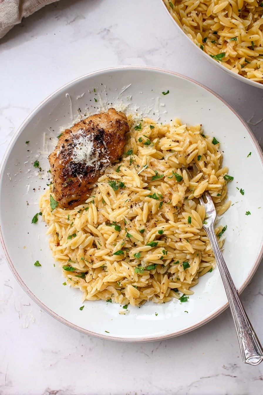 A white plate with a serving of golden pasta mixed with small green parsley pieces and bits of light brown toasted orzo, covering most of the plate's center and right side. On the left side of the plate, there is a browned, cooked piece of chicken skin-on, topped lightly with grated white cheese and some black pepper sprinkled over both pasta and chicken. A silver fork rests diagonally on the plate, partly under the pasta on the right side. The plate sits on a white marbled surface, and part of a bowl of similar pasta is visible in the top right corner. Photo taken with an iphone --ar 2:3 --v 7 - One Pot Garlic Butter Chicken and Orzo, Easy One Pot Chicken and Orzo, Creamy Garlic Chicken with Orzo, Quick One Pot Chicken Dinner, Juicy Chicken Thighs with Orzo