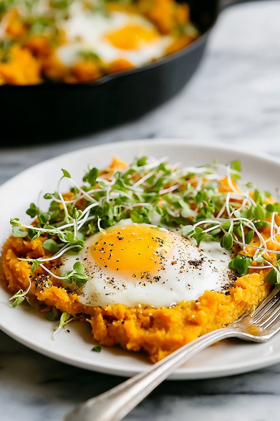A white plate sits on a white marbled surface, holding a bright orange mashed base spread out flat. On top of this base is a single fried egg with a yellow yolk and white edges, sprinkled lightly with black pepper. Around the egg and on the mashed layer are small fresh green sprouts with thin white stems scattered over. A silver fork rests on the right side of the plate, partially on the food. In the background, a black skillet filled with the same mashed base and eggs is slightly blurred. Photo taken with an iphone --ar 2:3 --v 7 - Orange Shakshuka with Roasted Butternut Squash and Spiced Eggs, shakshuka with butternut squash, spicy breakfast with roasted squash, vibrant brunch shakshuka, cozy egg shakshuka recipe