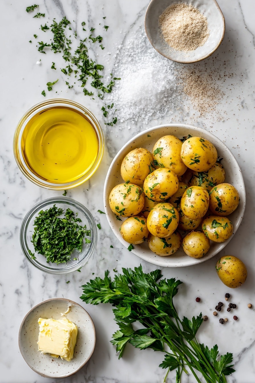 Flat lay of small golden baby potatoes, a small dish of melted butter glistening with richness, a glass bowl filled with golden olive oil, a scattering of bright green finely chopped fresh parsley, white flaky sea salt crystals, and a dusting of pale beige garlic powder, all beautifully arranged with sprinkles of coarse black pepper, placed on a white marble surface, photo taken with an iphone --ar 2:3 --v 7 - Crispy Air Fryer Smashed Potatoes, air fryer smashed potatoes, crispy potato sides, easy air fryer potato recipes, crunchy smashed potatoes