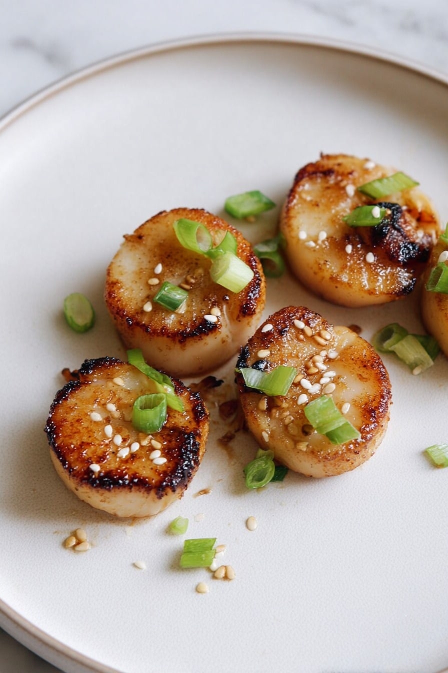 Five round, golden brown pieces of seared food are arranged slightly spread out on a white plate with a smooth texture. Each piece has a crisp, caramelized edge and a light brown top with some slightly darker char marks. Small green chopped spring onions are scattered on top of and around the pieces, adding a fresh touch of color. Tiny white sesame seeds sprinkle the surface of the food and plate for extra texture. The plate sits on a white marbled surface in soft natural light, emphasizing the warm tones of the dish. photo taken with an iphone --ar 2:3 --v 7 - Miso Soy King Oyster Mushroom, vegan scallops, vegan seafood alternative, mushroom recipes, plant-based seafood