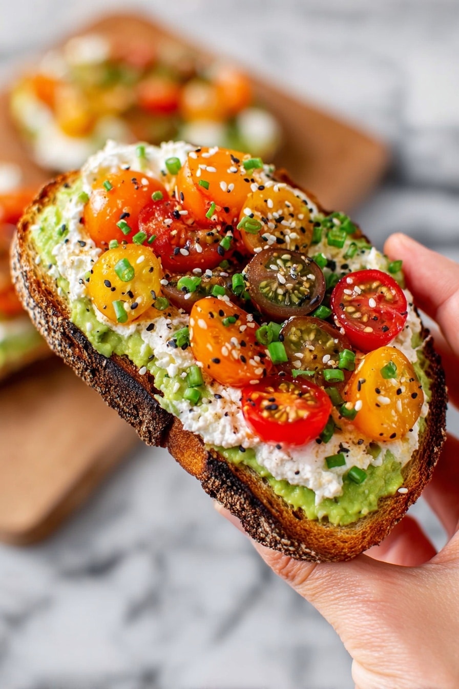 A slice of toasted bread with a dark brown crust and light brown inside is held by a woman's hand. The first layer on the bread is mashed green avocado, spread evenly. On top of the avocado is a thick layer of white creamy cheese with a smooth texture. The top layer features colorful cherry tomato halves in red, yellow, orange, and brown shades, scattered nicely. Small pieces of green chopped chives and a sprinkle of black and white sesame seeds are spread across the tomatoes, adding texture and color. The background shows a white marbled surface and a blurred second slice of toast. Photo taken with an iphone --ar 2:3 --v 7 - Avocado Cottage Cheese Toast, Avocado Cottage Cheese Toast with Everything But The Bagel Seasoning, healthy avocado toast, quick breakfast ideas, protein-packed toast