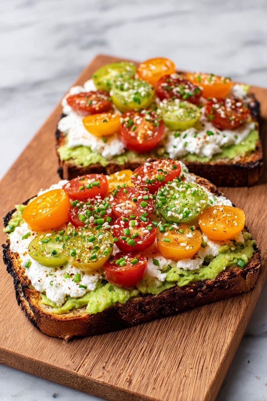 Two slices of toasted bread with dark crispy edges sit on a wooden board. Each slice has a first layer of mashed green avocado spread evenly. On top, there is a thick layer of white cottage cheese dotted with small lumps. The top layer has halved cherry tomatoes in red, orange, and green colors arranged closely. The toast is garnished with chopped green chives and black and white sesame seeds scattered evenly. The wooden board rests on a white marbled surface. Photo taken with an iphone --ar 2:3 --v 7 - Avocado Cottage Cheese Toast, Avocado Cottage Cheese Toast with Everything But The Bagel Seasoning, healthy avocado toast, quick breakfast ideas, protein-packed toast