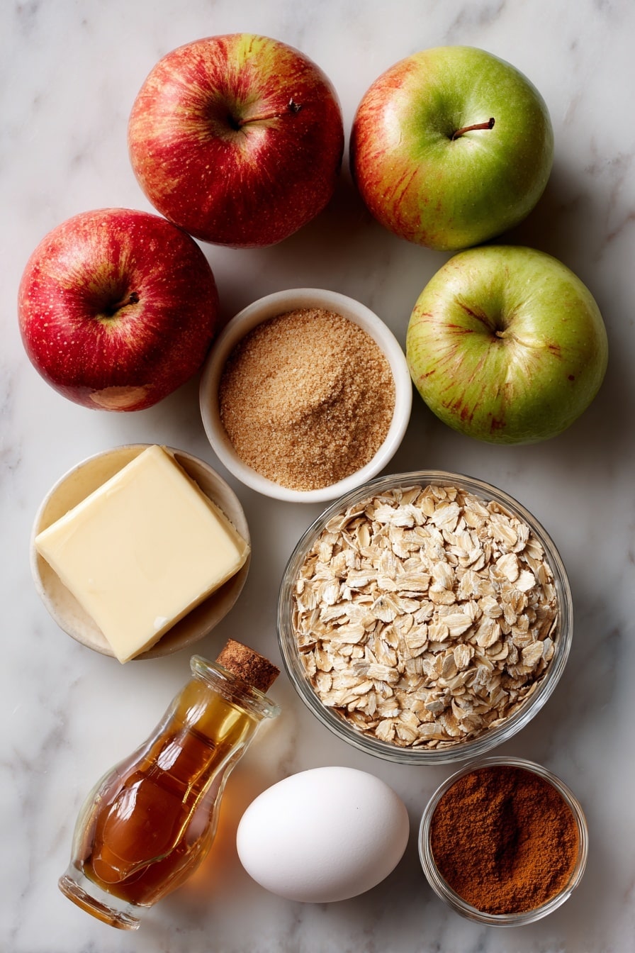 Flat lay of chopped fresh apples with their red and green skin, a neat pile of old-fashioned rolled oats, a small mound of light brown sugar, a stick of unsalted butter softened with a smooth texture, a scattering of ground cinnamon and nutmeg powders creating warm earthy tones, a single fresh egg with a clean shell, and a small glass bottle of vanilla extract, all beautifully arranged on a white marble surface, photo taken with an iphone --ar 2:3 --v 7 - Apple Oatmeal Cookies, cozy fall cookies, easy apple cookies, chewy oatmeal cookies, spiced apple treats
