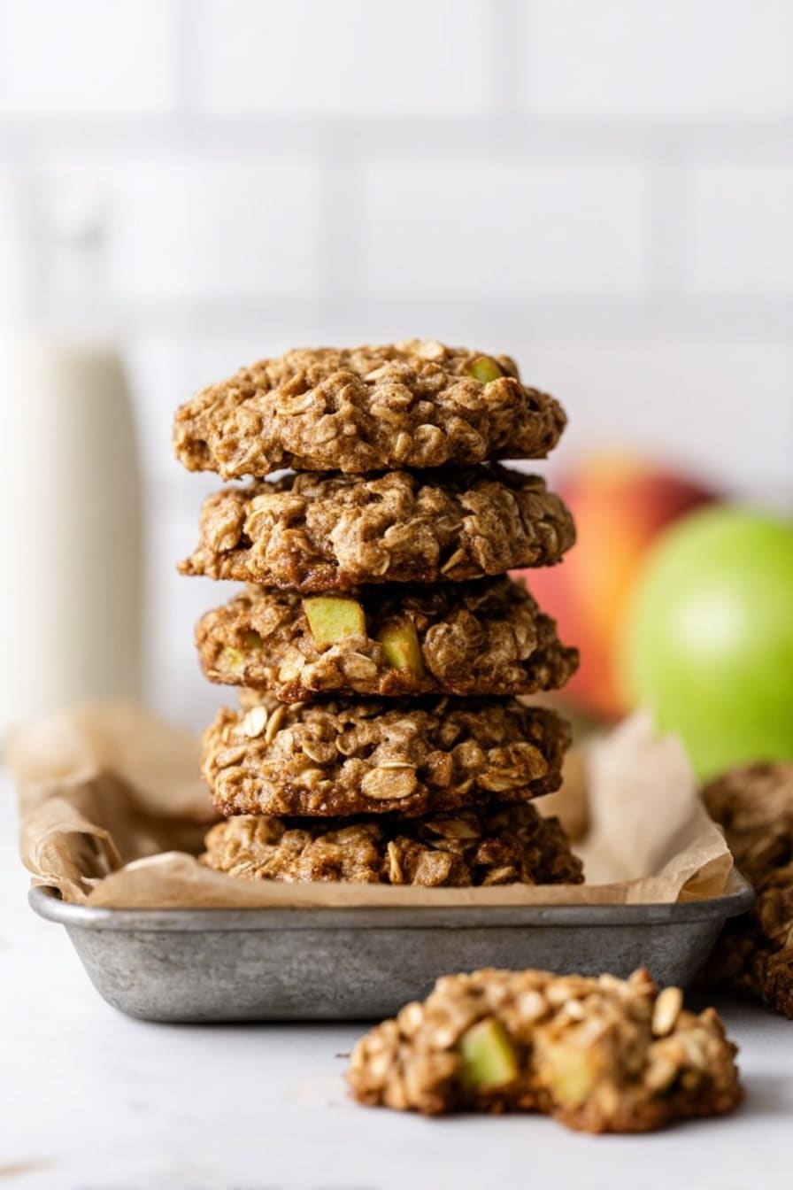 A stack of six brown oatmeal cookies with visible small chunks of yellow apple pieces sits in the center of a metal pan lined with parchment paper. The cookies have a rough texture with oats and apple chunks spread throughout. One cookie lies broken on a white marbled surface in the front left of the image. In the blurred background, there is a green apple and a peach on the right side, and an out-of-focus glass bottle of milk on the left side. The background wall has white subway tiles. photo taken with an iphone --ar 2:3 --v 7 - Apple Oatmeal Cookies, cozy fall cookies, easy apple cookies, chewy oatmeal cookies, spiced apple treats