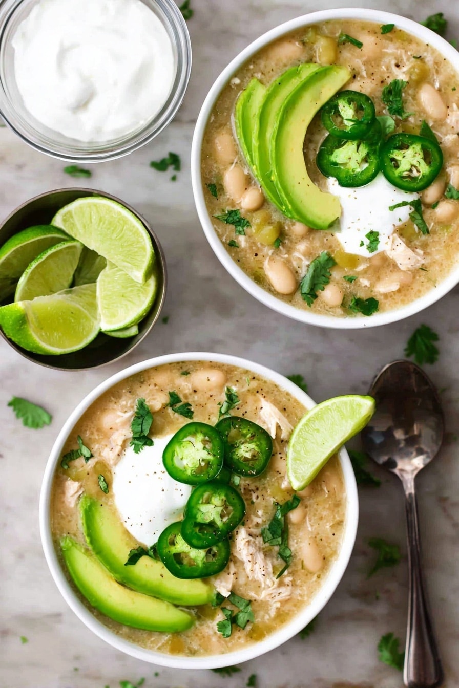 Two white bowls are filled with thick beige soup containing chunks of white meat and beans. Each bowl’s top layer has bright green slices of avocado arranged along one side, a few thin, round slices of green jalapeño peppers, a dollop of white sour cream, and a green lime wedge placed on the edge. Small green cilantro leaves are sprinkled on top of all the bowls. Nearby, a clear glass bowl holds white sour cream, and a small metal bowl contains lime wedges, all set on a white marbled surface. A silver spoon is placed near the bowls. photo taken with an iphone --ar 2:3 --v 7 - Crockpot White Chicken Chili, slow cooker white chicken chili, creamy chicken chili recipe, easy white chicken chili, hearty chicken chili