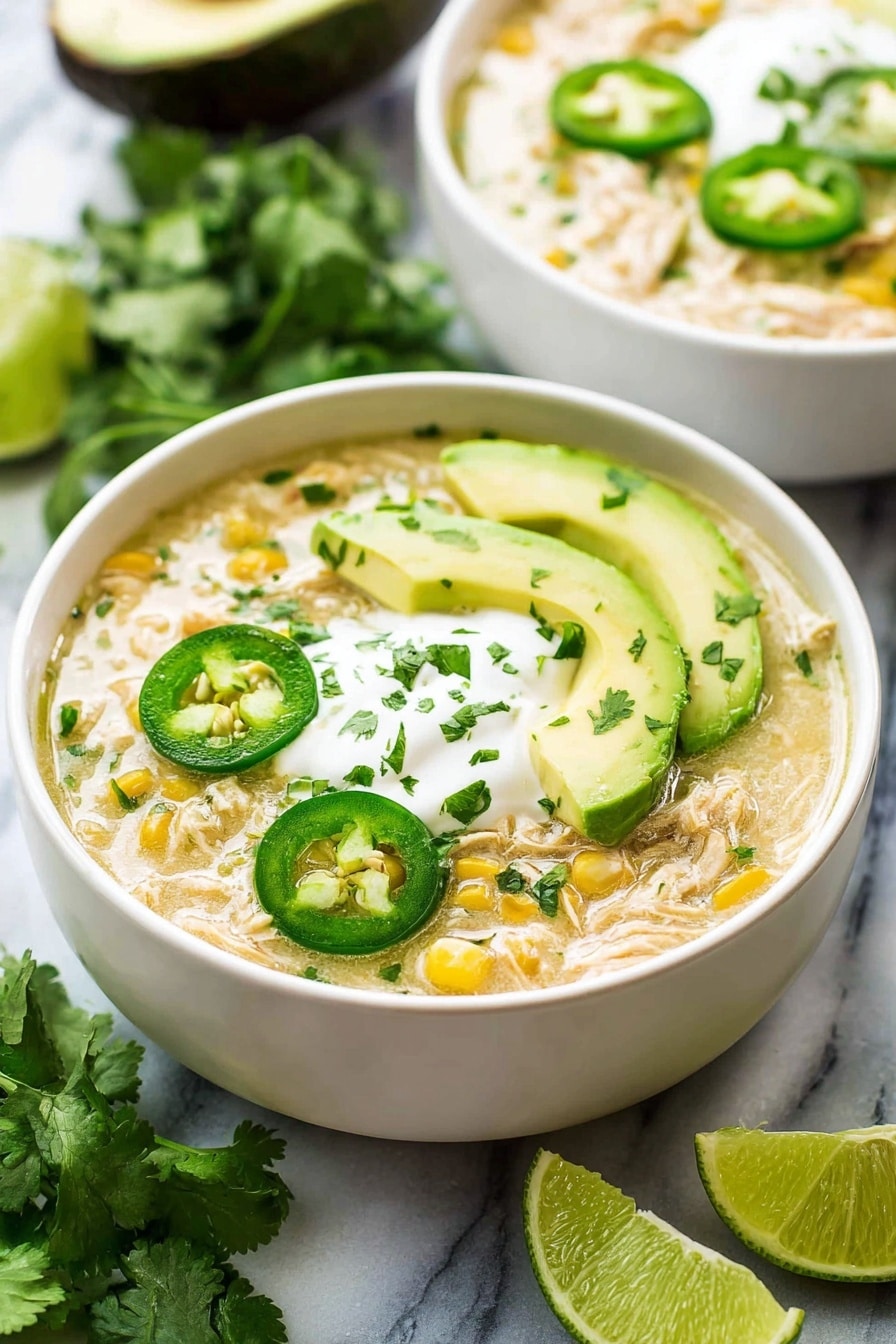 A white bowl filled with light yellow creamy soup, layered with pale shredded chicken and small whole corn kernels visible in the mix. On top, there are three slices of bright green avocado placed on one side and three thin green jalapeño rings on the other. A dollop of white sour cream sits in the center, garnished with finely chopped fresh green cilantro. A thin slice of lime rests along the bowl’s edge. The bowl sits on a white marbled surface with fresh green cilantro leaves and lime wedges scattered around, and another white bowl filled with the same soup is slightly blurred in the background. Photo taken with an iphone --ar 2:3 --v 7 - Crockpot White Chicken Chili, slow cooker white chicken chili, creamy chicken chili recipe, easy white chicken chili, hearty chicken chili
