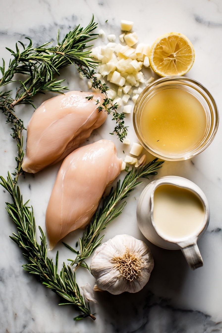Flat lay of boneless skinless chicken breasts, fresh rosemary sprigs, a whole shallot with some diced pieces, peeled garlic cloves, a bright lemon with both whole fruit and zest curls, a small jug of creamy heavy cream, and a glass container of golden chicken broth, all beautifully arranged with natural light and soft shadows, placed on a white marble surface, photo taken with an iphone --ar 2:3 --v 7 - Slow Cooker Creamy Lemon Herb Chicken, easy lemon chicken, healthy slow cooker chicken, tender lemon chicken recipe, flavorful chicken dinner