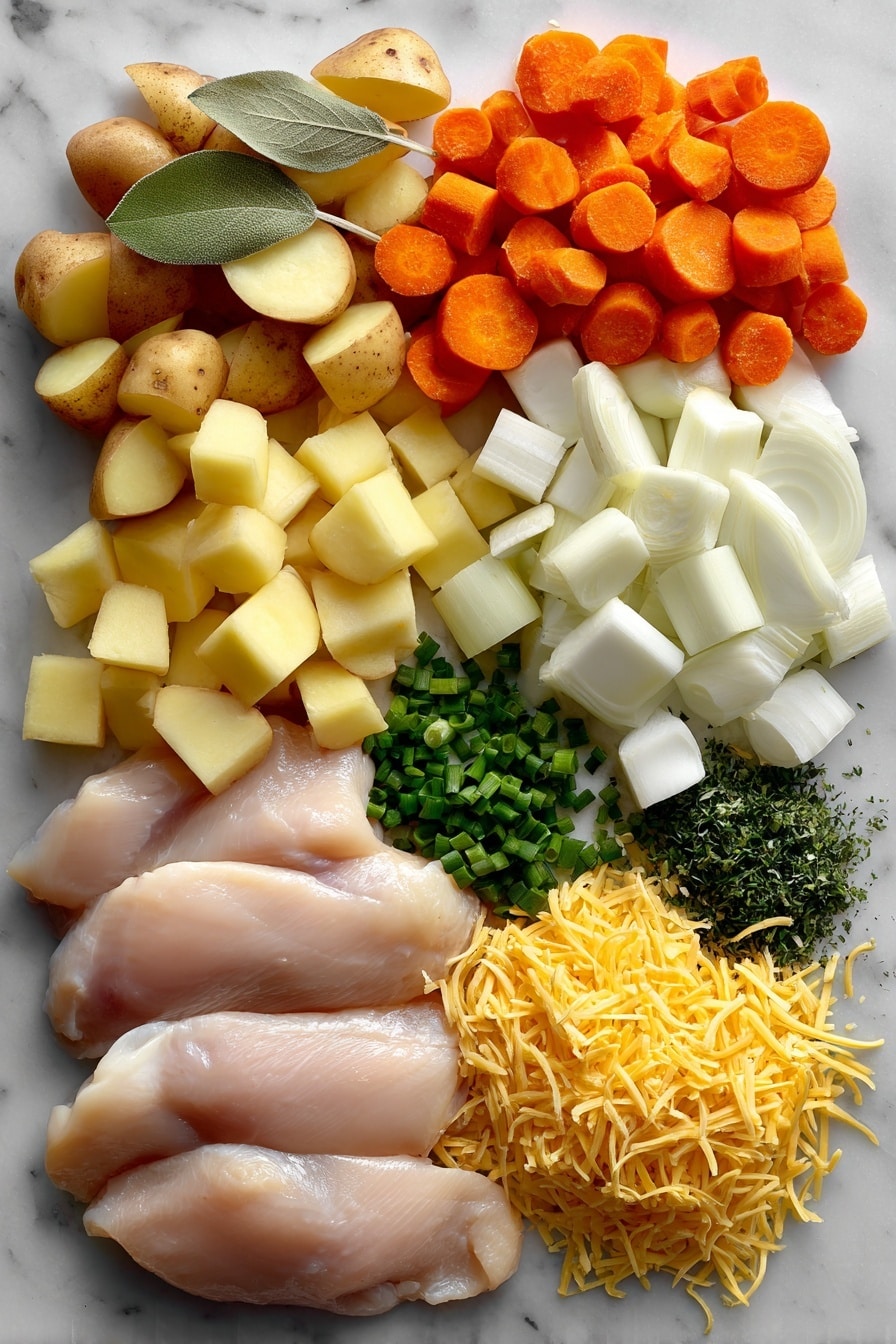 Flat lay of boneless chicken breasts, peeled and cubed russet potatoes, chopped yellow onion, sliced carrots, chopped celery, minced garlic cloves, fresh bay leaves, shredded cheddar cheese, and chopped green chives, all beautifully arranged with vibrant colors and natural textures, placed on a white marble surface, photo taken with an iphone --ar 2:3 --v 7 - Creamy Slow Cooker Chicken and Potato Soup, easy slow cooker chicken potato soup, comforting chicken potato soup recipe, velvety chicken and potato soup, family-friendly slow cooker soup